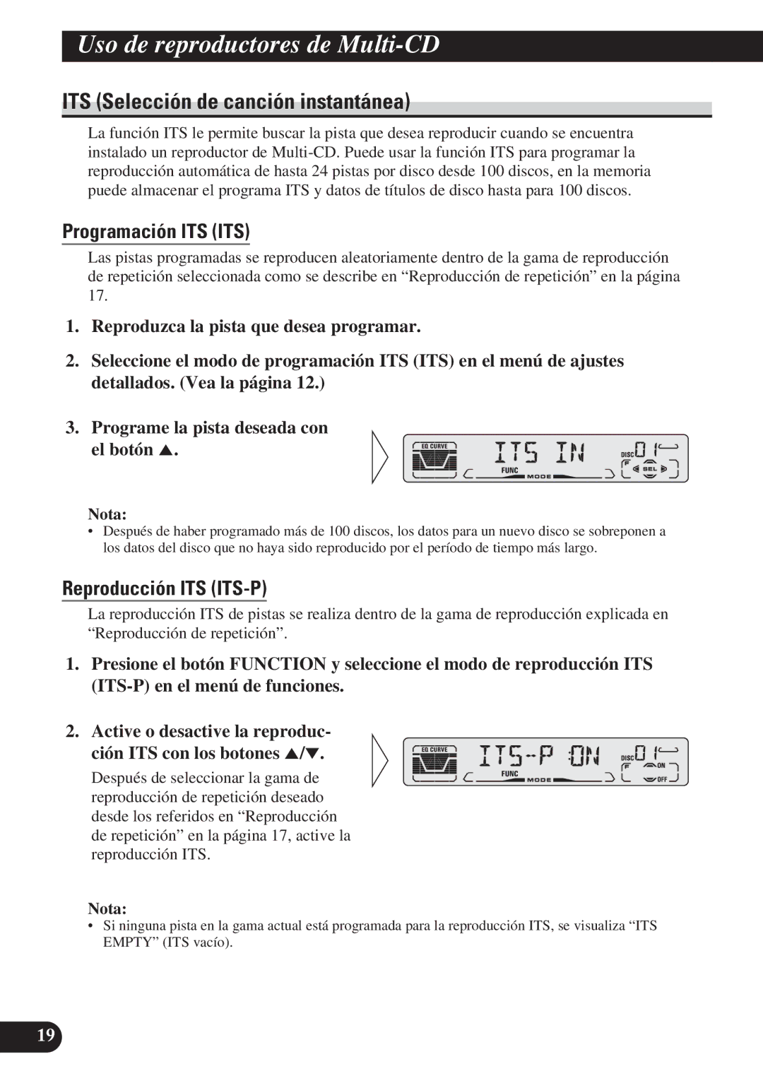 Pioneer DEH-P4150 operation manual ITS Selección de canción instantánea, Programación ITS ITS, Reproducción ITS ITS-P 