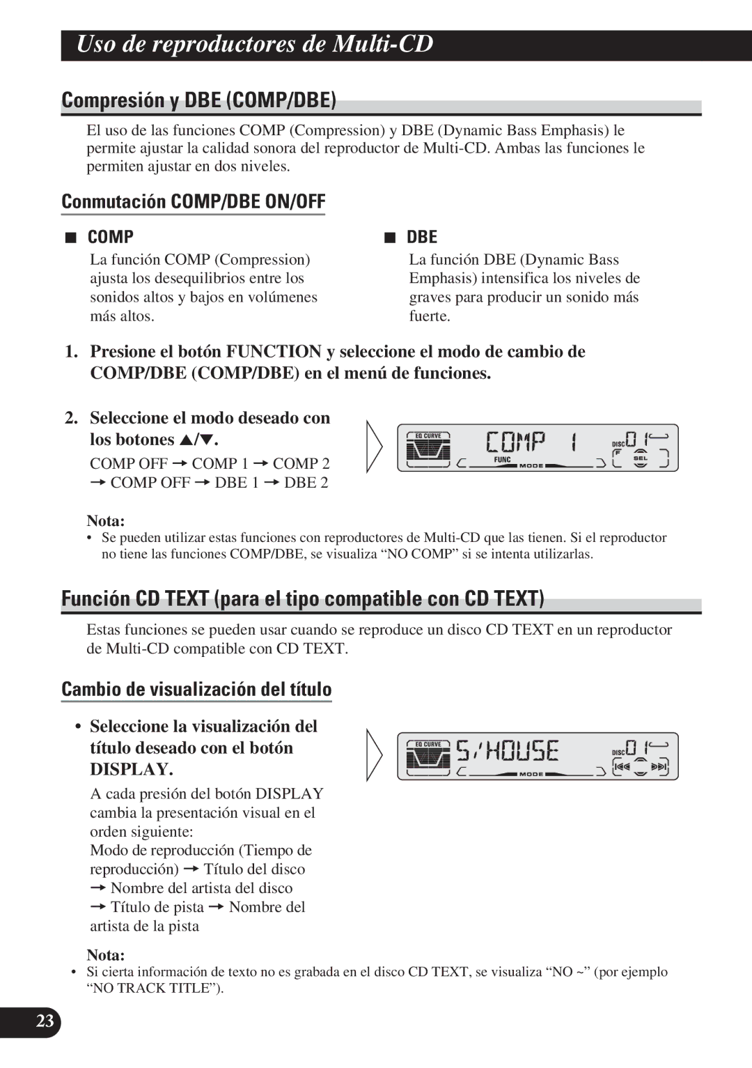 Pioneer DEH-P4150 operation manual Compresión y DBE COMP/DBE, Función CD Text para el tipo compatible con CD Text 