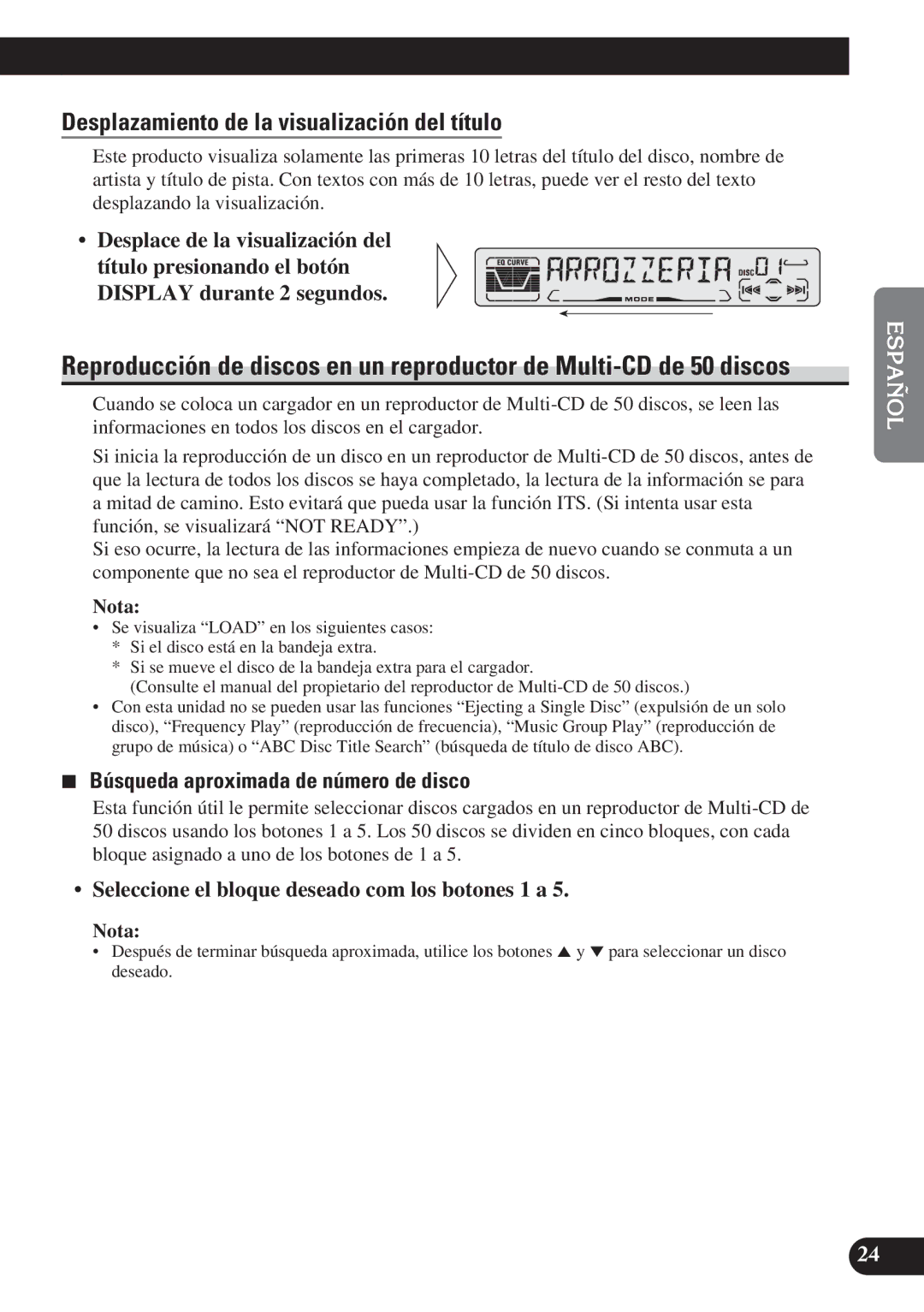 Pioneer DEH-P4150 operation manual Desplazamiento de la visualización del título, Búsqueda aproximada de número de disco 