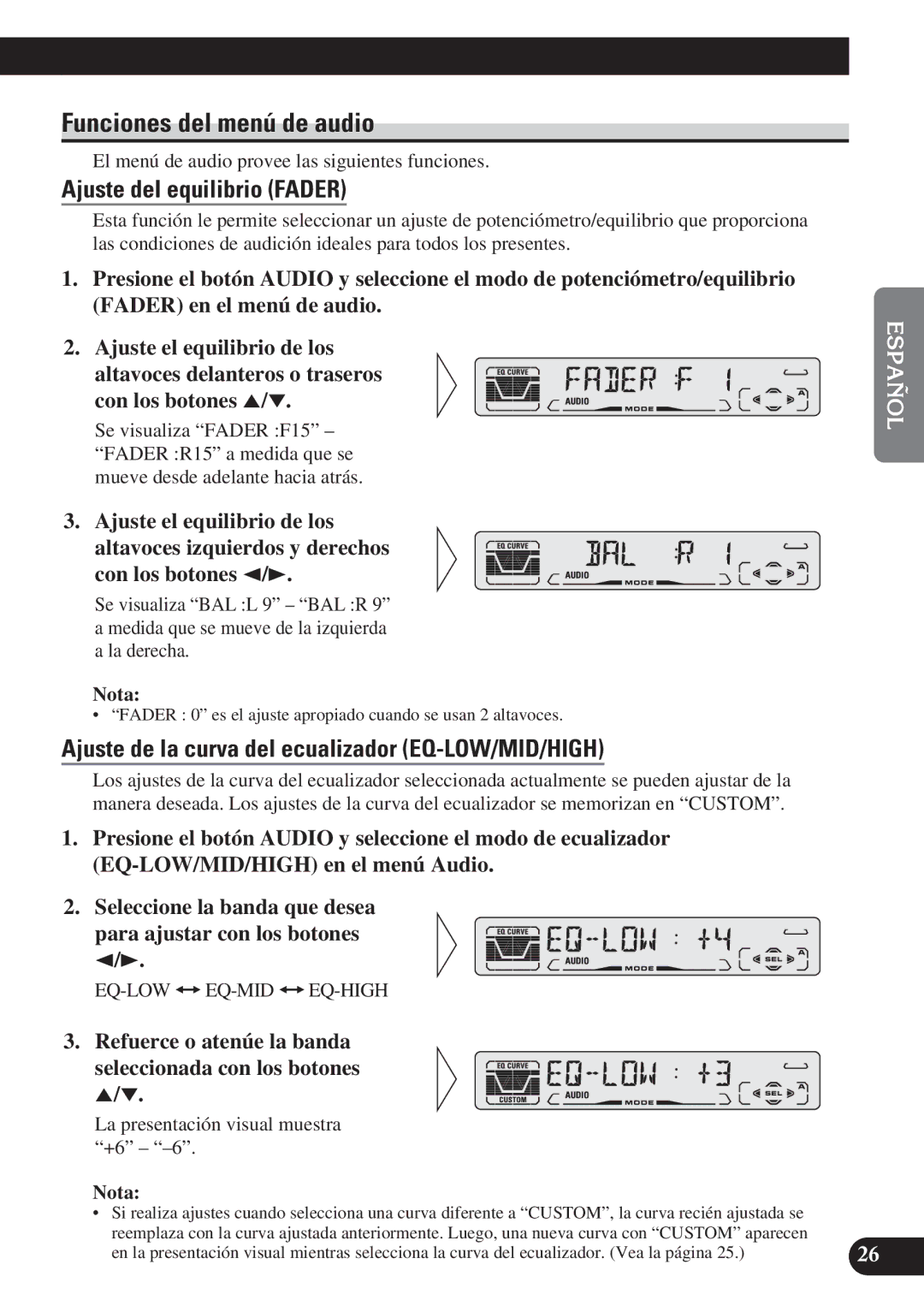 Pioneer DEH-P4150 operation manual Funciones del menú de audio, Ajuste del equilibrio Fader 