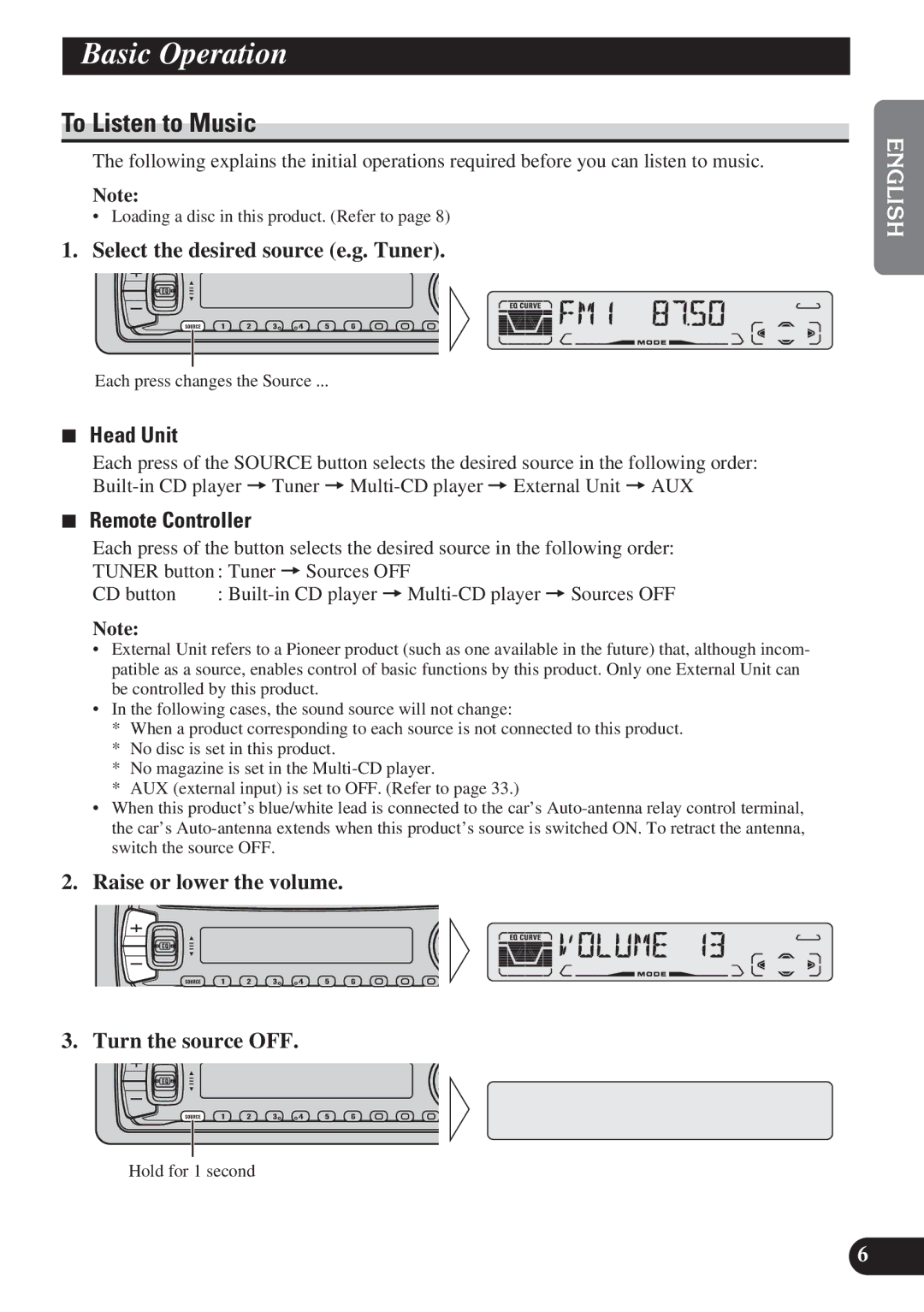 Pioneer DEH-P4150 operation manual Basic Operation, To Listen to Music, Head Unit, Remote Controller 