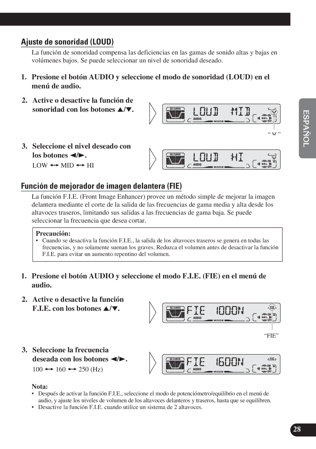 Pioneer DEH-P4150 operation manual Ajuste de sonoridad Loud, Función de mejorador de imagen delantera FIE 