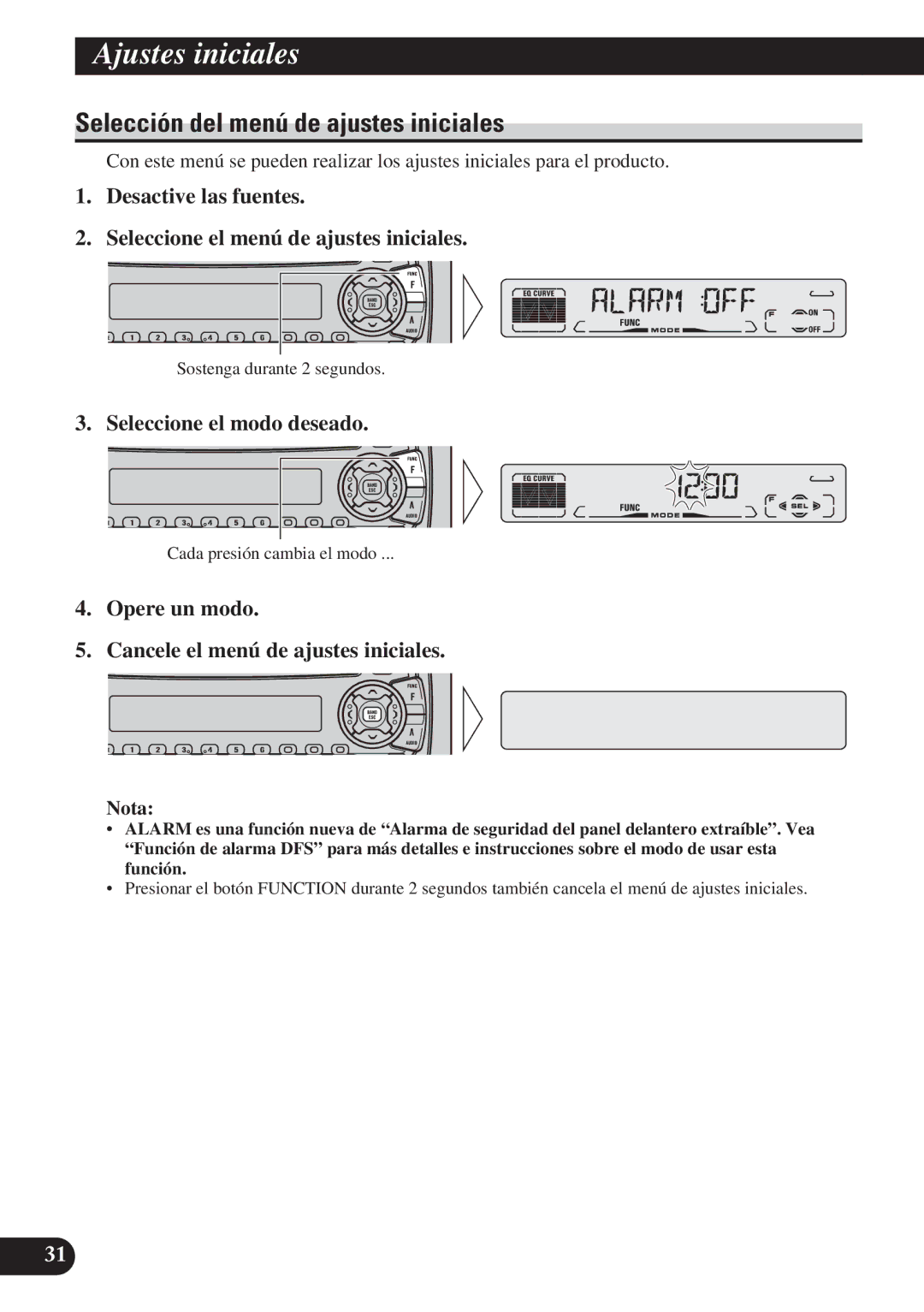 Pioneer DEH-P4150 operation manual Ajustes iniciales, Selección del menú de ajustes iniciales, Seleccione el modo deseado 