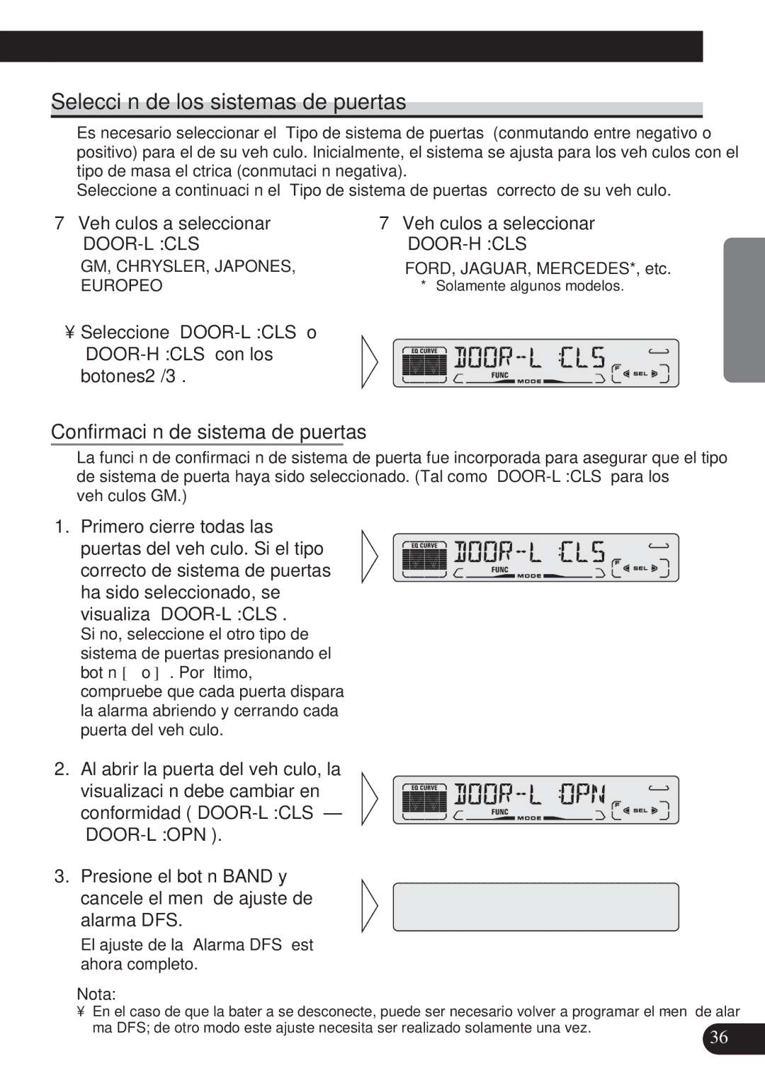 Pioneer DEH-P4150 Selección de los sistemas de puertas, Confirmación de sistema de puertas, Vehículos a seleccionar 