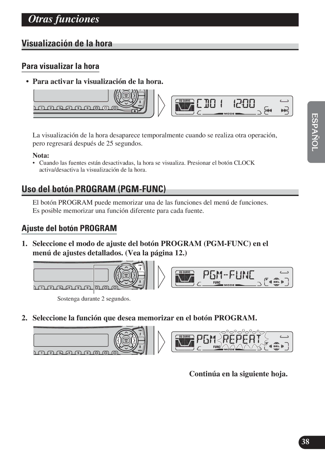 Pioneer DEH-P4150 Otras funciones, Visualización de la hora, Uso del botón Program PGM-FUNC, Para visualizar la hora 