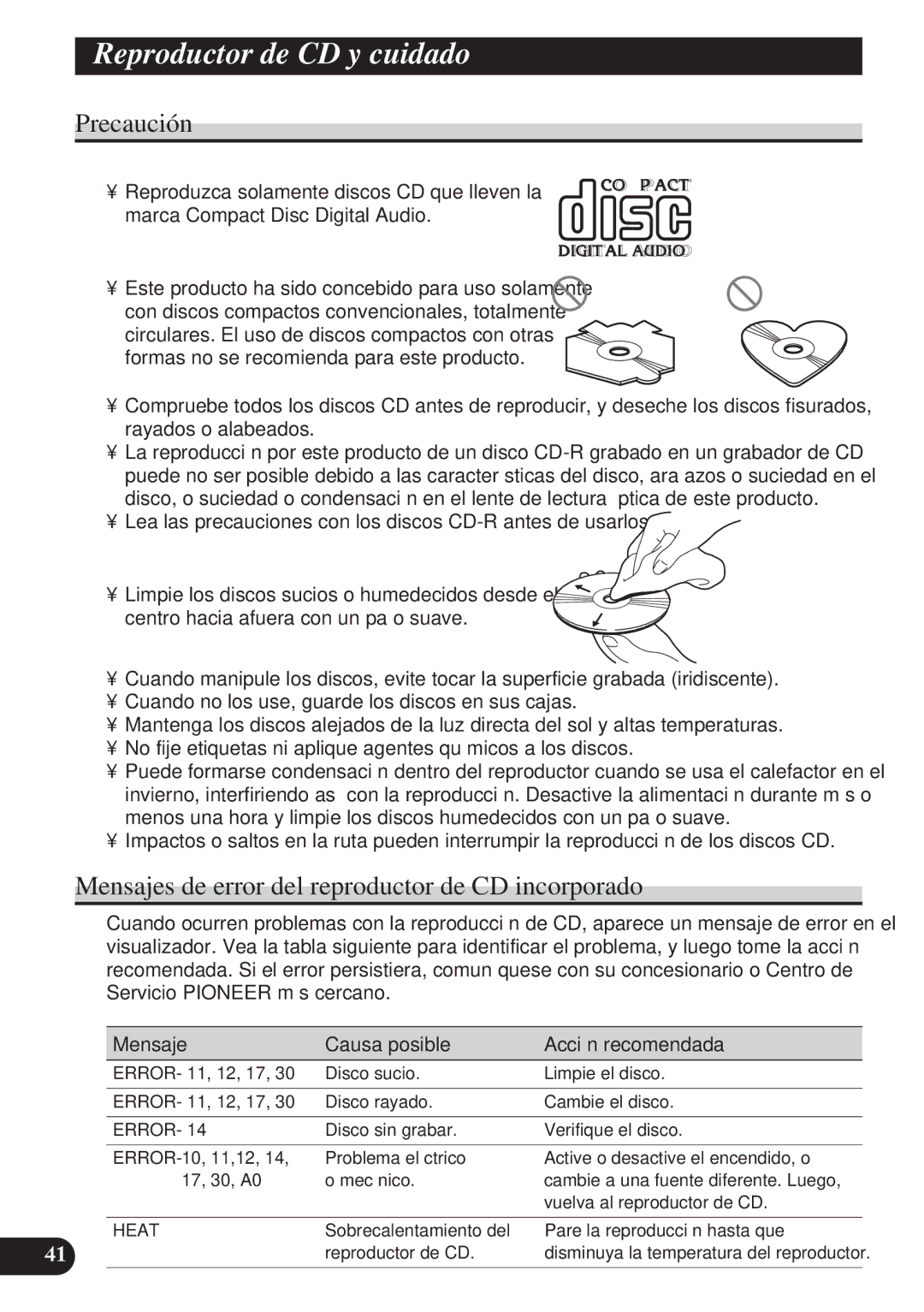 Pioneer DEH-P4150 operation manual Reproductor de CD y cuidado, Mensajes de error del reproductor de CD incorporado 