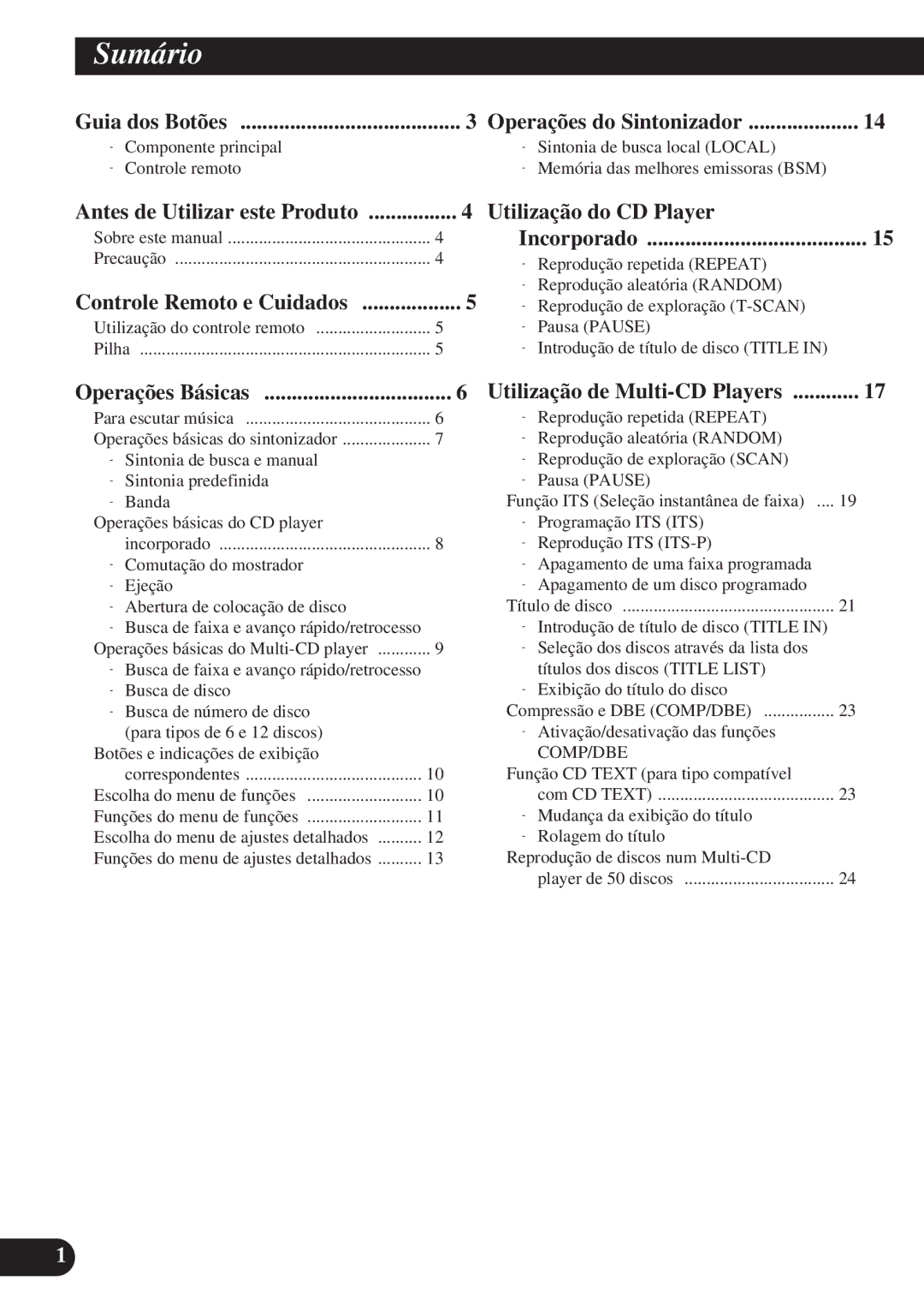 Pioneer DEH-P4150 operation manual Sumário, Utilização do CD Player 