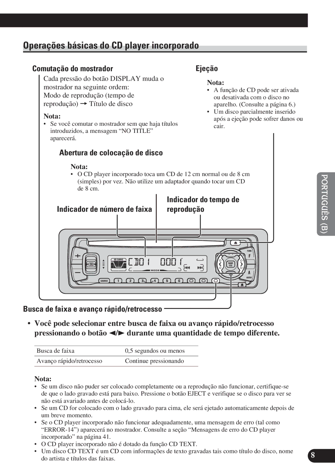 Pioneer DEH-P4150 operation manual Operações básicas do CD player incorporado 