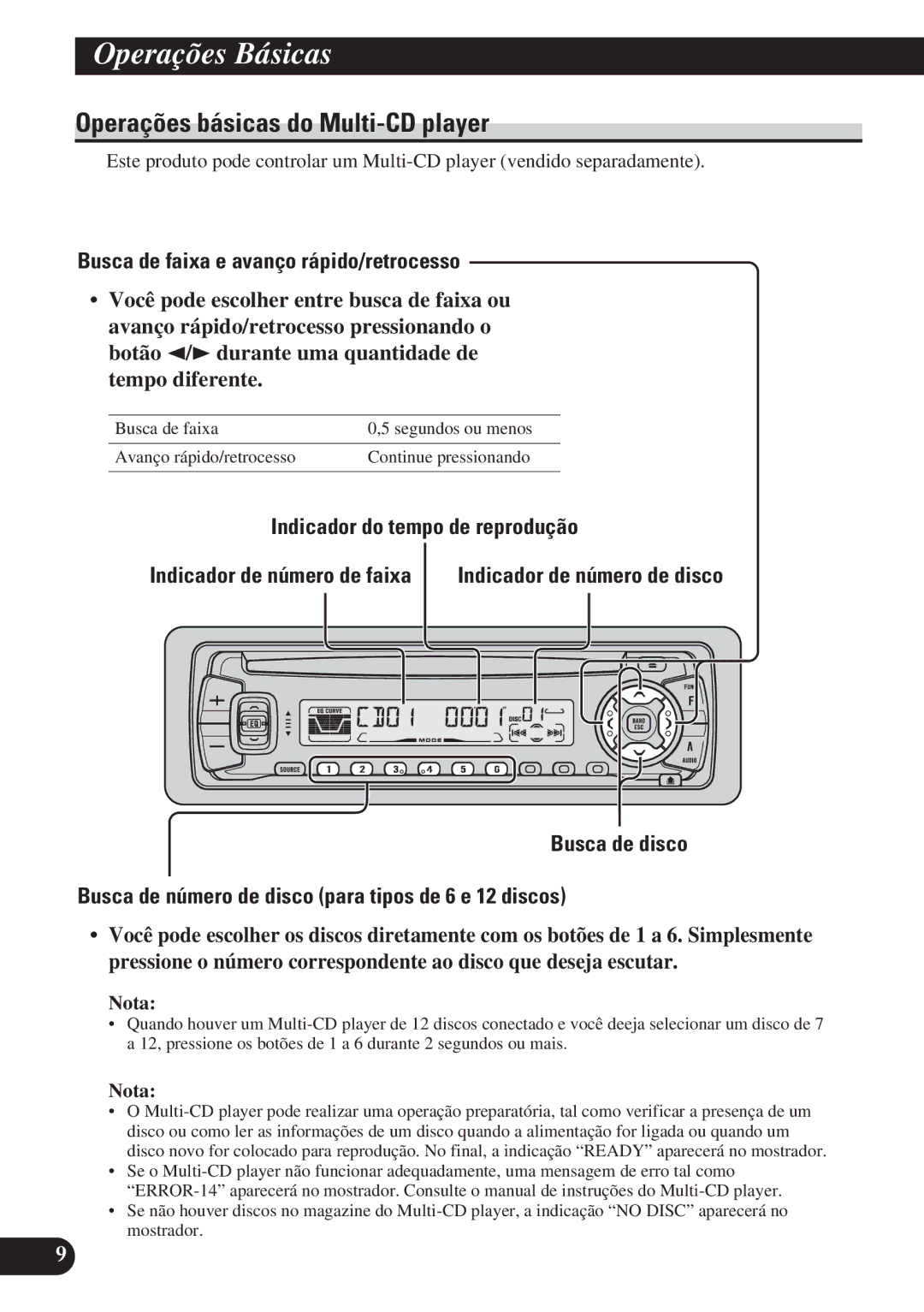 Pioneer DEH-P4150 operation manual Operações básicas do Multi-CD player, Indicador do tempo de reprodução 