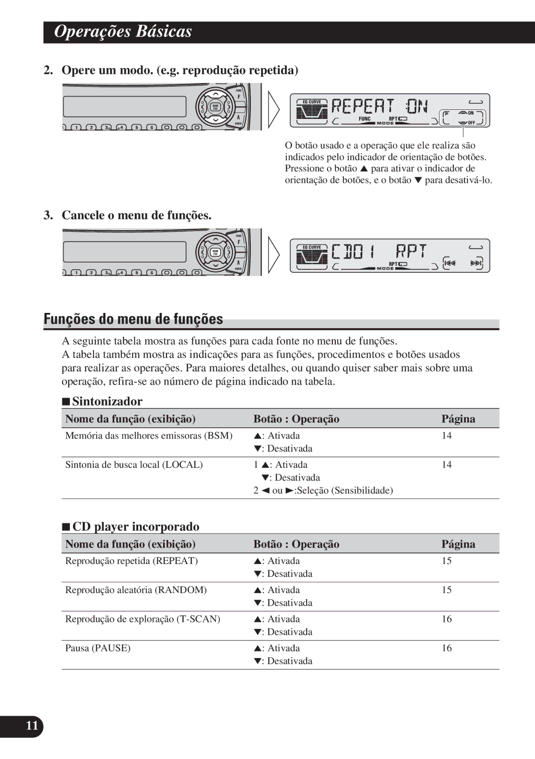 Pioneer DEH-P4150 Funções do menu de funções, Opere um modo. e.g. reprodução repetida, Cancele o menu de funções 