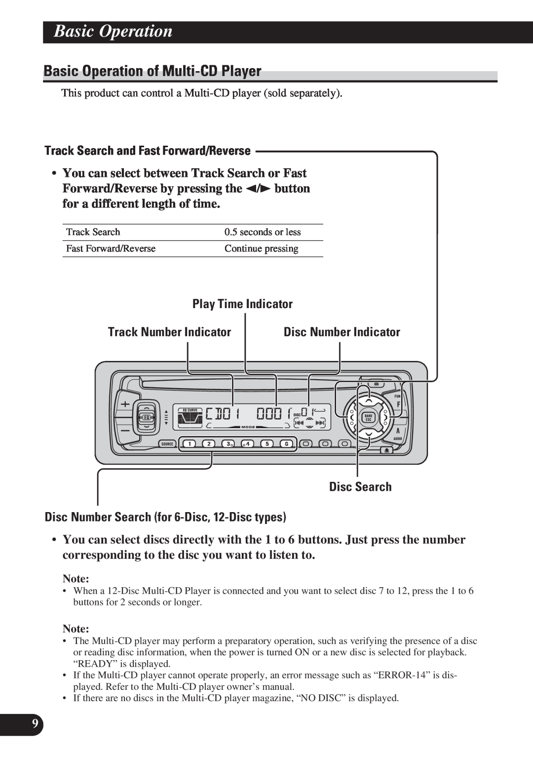 Pioneer DEH-P4150 operation manual Basic Operation of Multi-CDPlayer, Play Time Indicator, Disc Search 