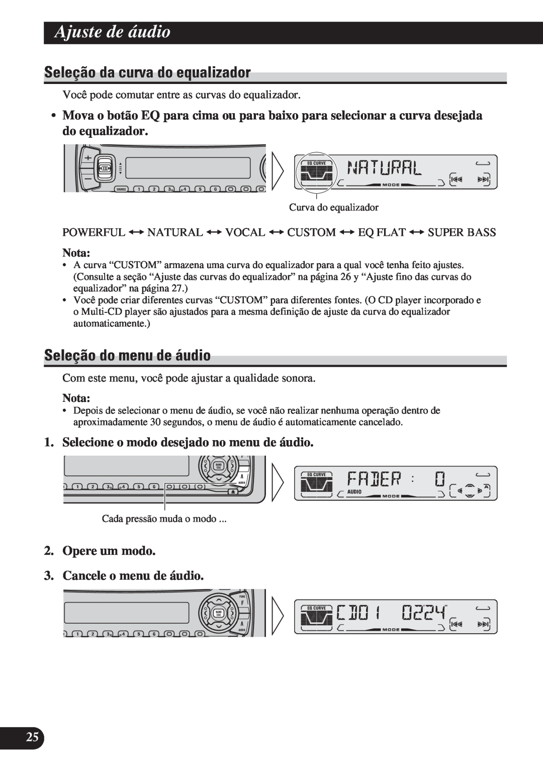 Pioneer DEH-P4150 operation manual Ajuste de áudio, Seleção da curva do equalizador, Seleção do menu de áudio, Nota 