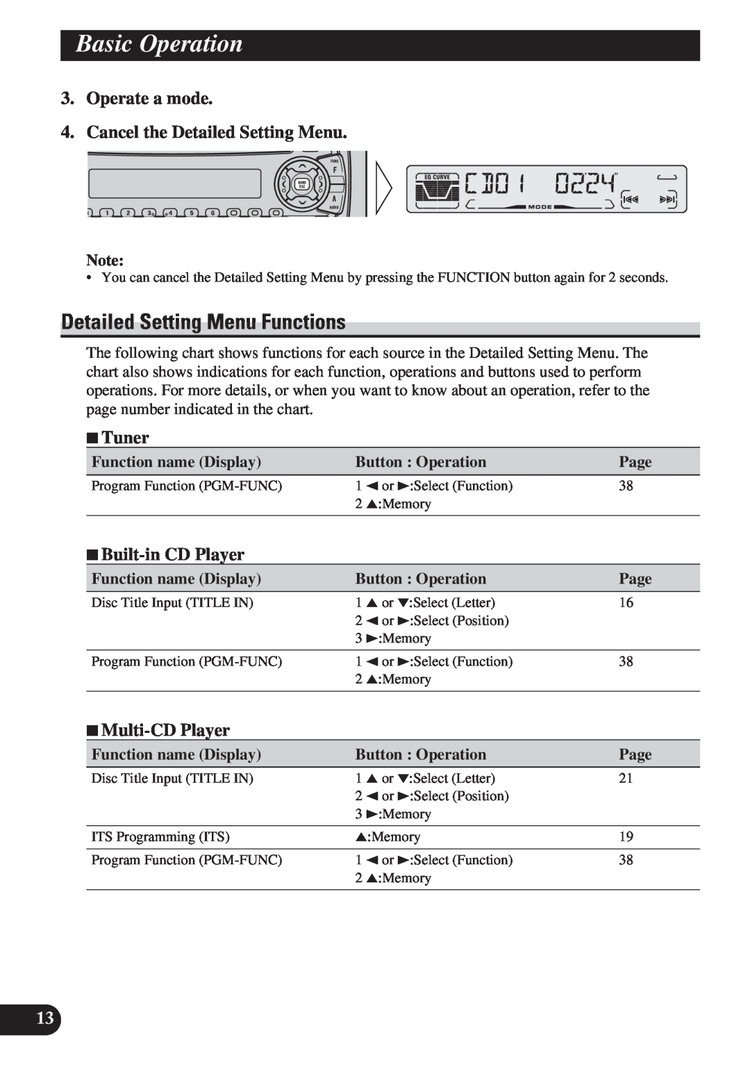Pioneer DEH-P4150 Detailed Setting Menu Functions, Operate a mode, Cancel the Detailed Setting Menu, Basic Operation, Page 