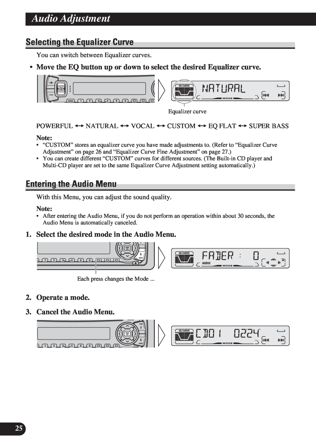 Pioneer DEH-P4150 operation manual Audio Adjustment, Selecting the Equalizer Curve, Entering the Audio Menu 