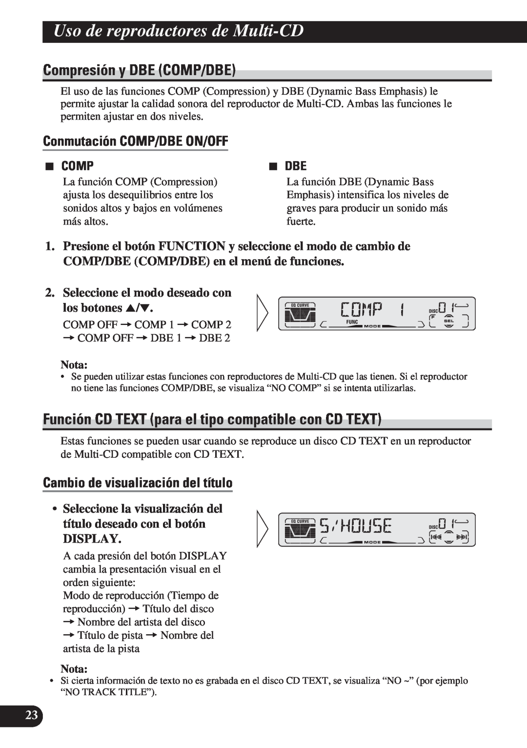 Pioneer DEH-P4150 Compresión y DBE COMP/DBE, Conmutación COMP/DBE ON/OFF, Cambio de visualización del título, Display 