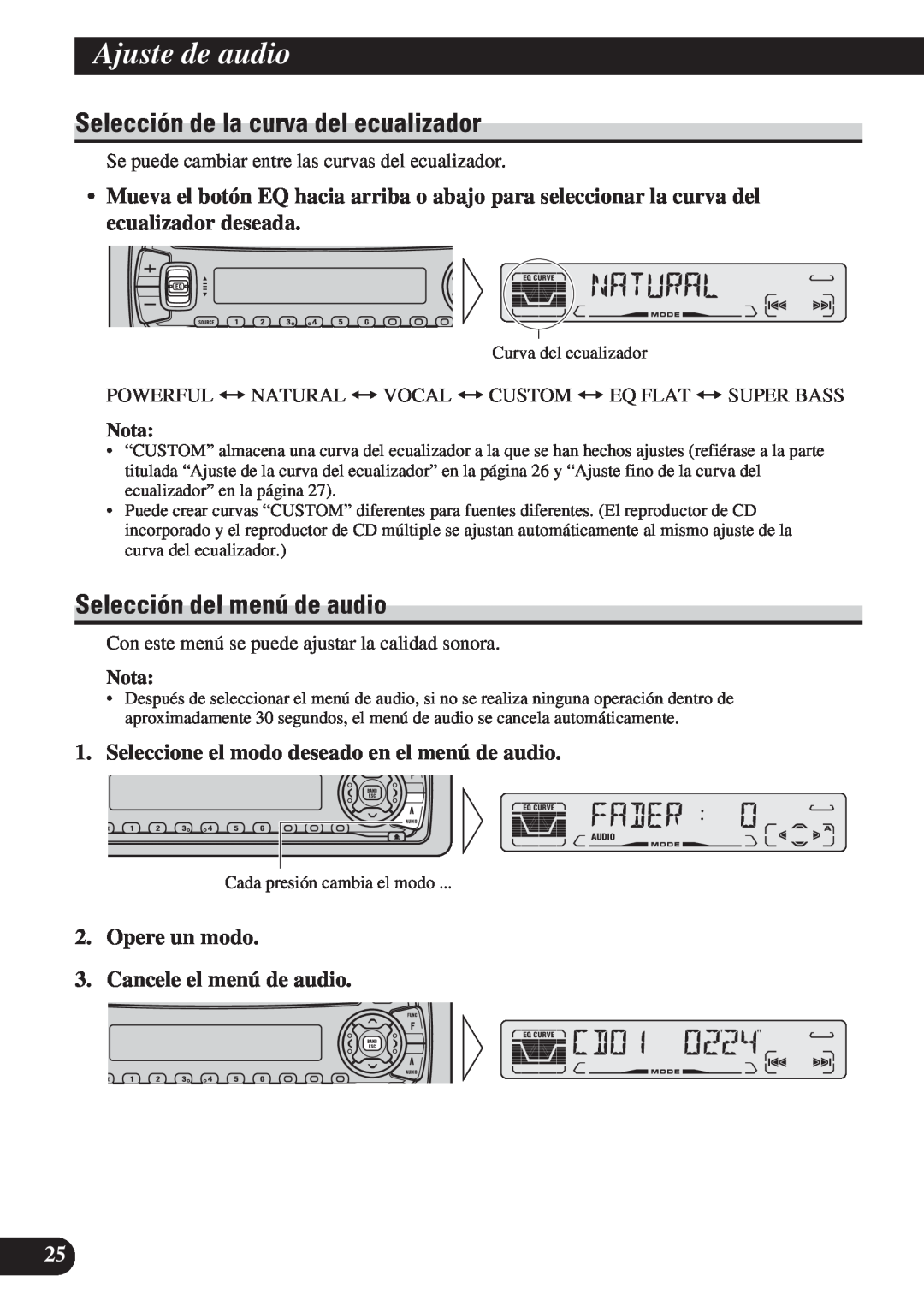 Pioneer DEH-P4150 Ajuste de audio, Selección de la curva del ecualizador, Selección del menú de audio, Nota 
