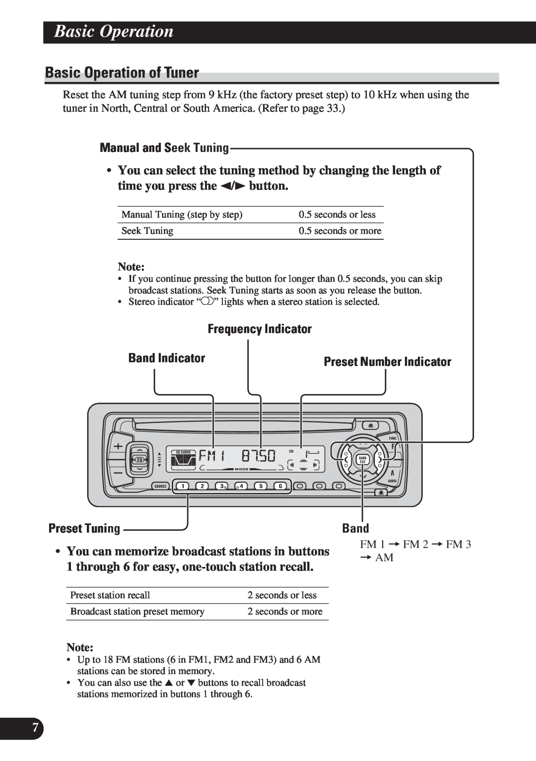 Pioneer DEH-P4150 Basic Operation of Tuner, Manual and Seek Tuning, Frequency Indicator, Preset Tuning, Band 