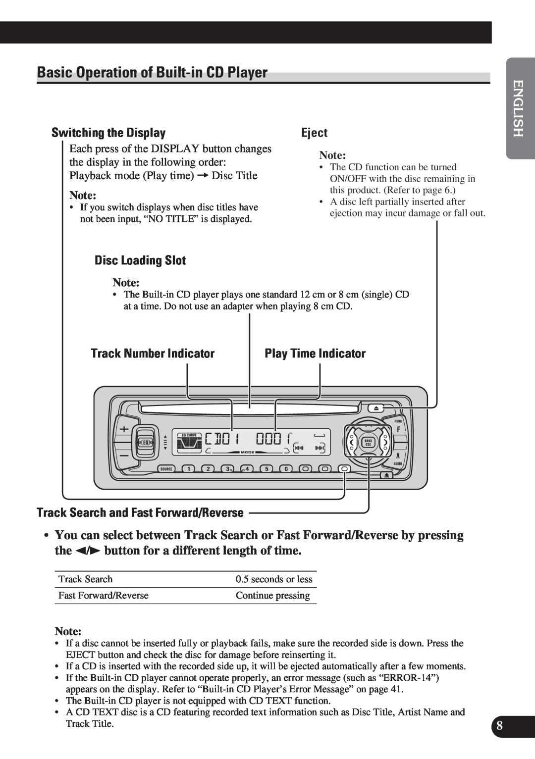 Pioneer DEH-P4150 Basic Operation of Built-inCD Player, Switching the Display, Eject, English Español, Disc Loading Slot 