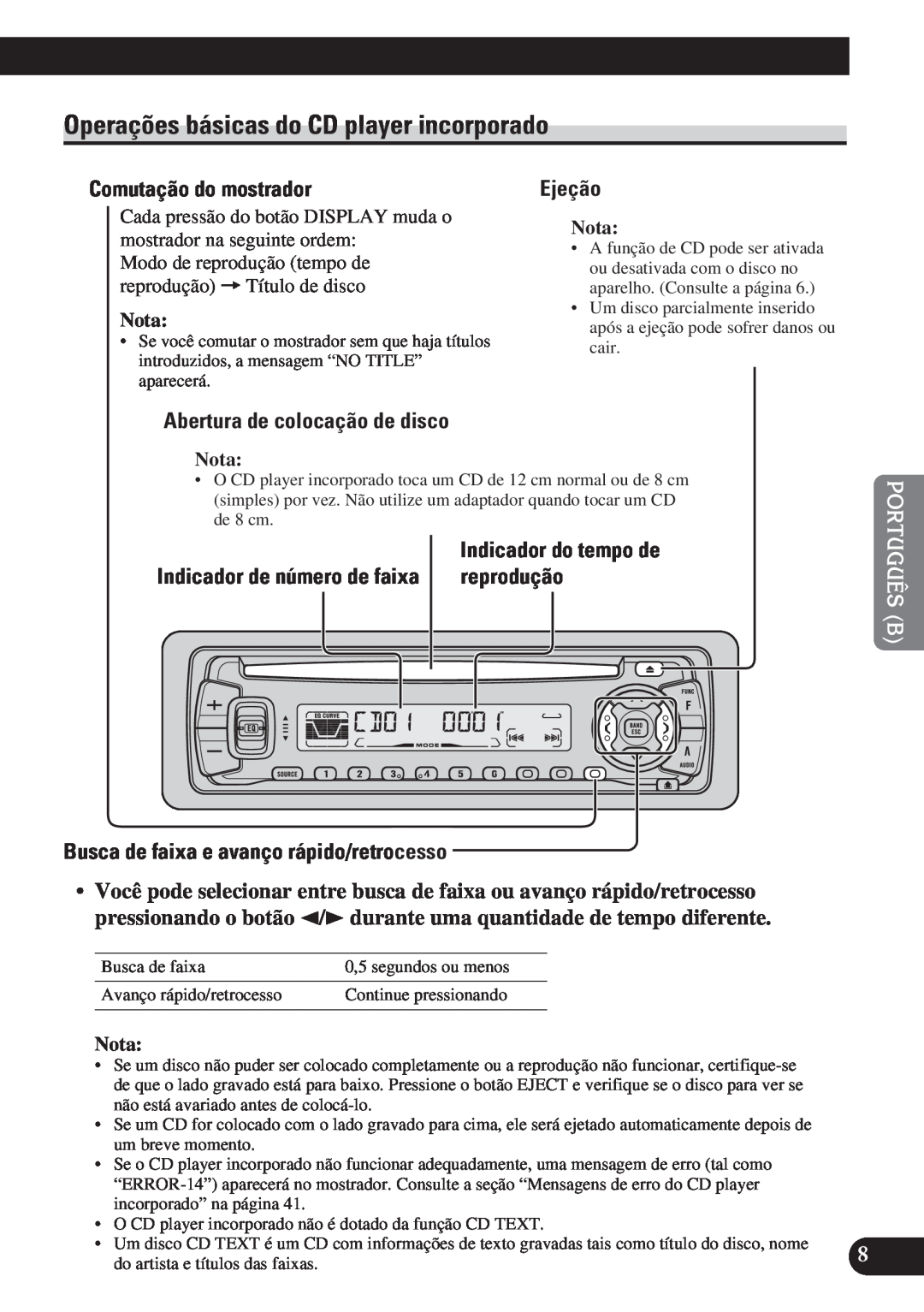 Pioneer DEH-P4150 Operações básicas do CD player incorporado, Comutação do mostrador, Ejeção, reprodução, English Español 