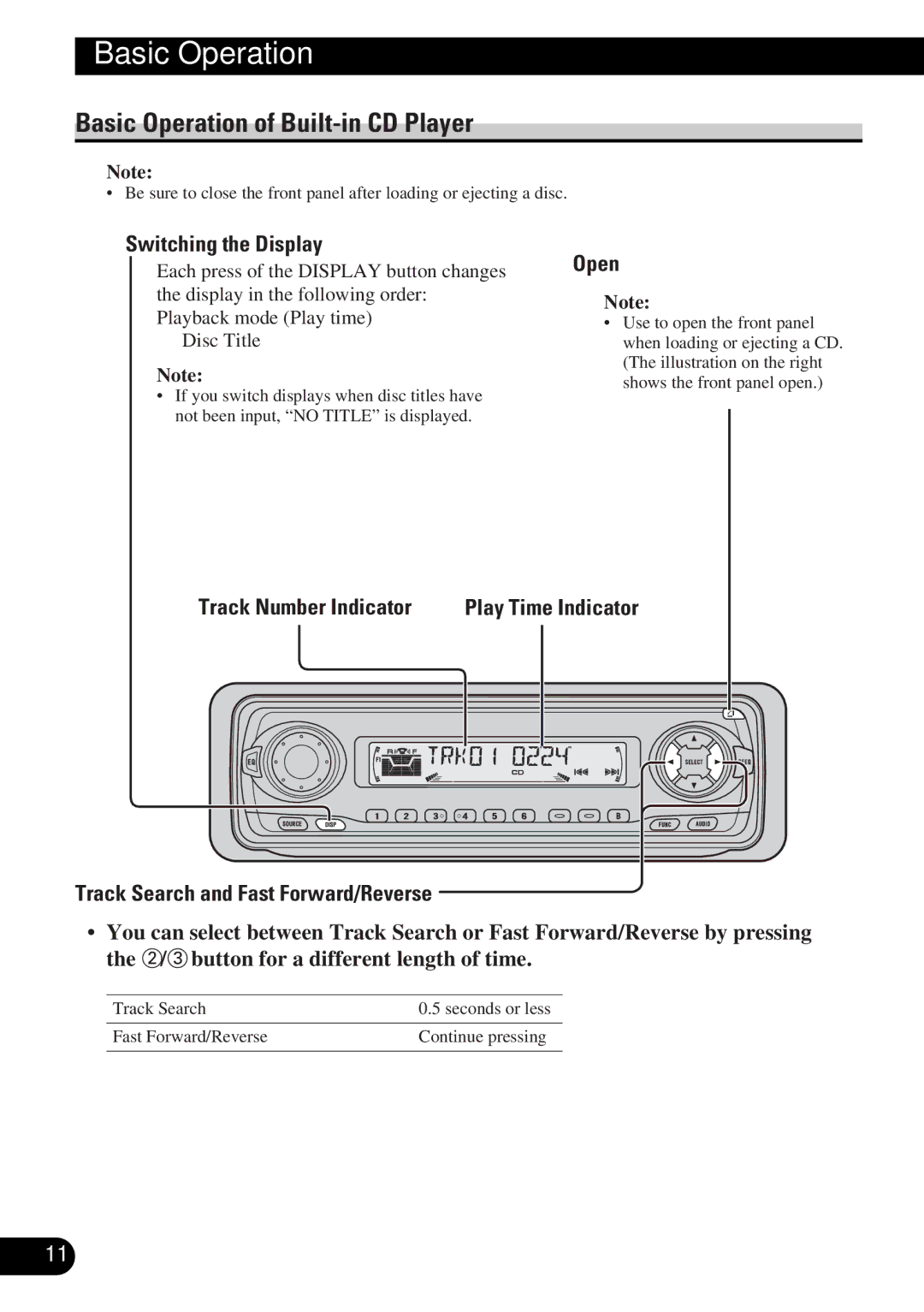 Pioneer DEH-P4300 Basic Operation of Built-in CD Player, Switching the Display, Open, Track Number Indicator 