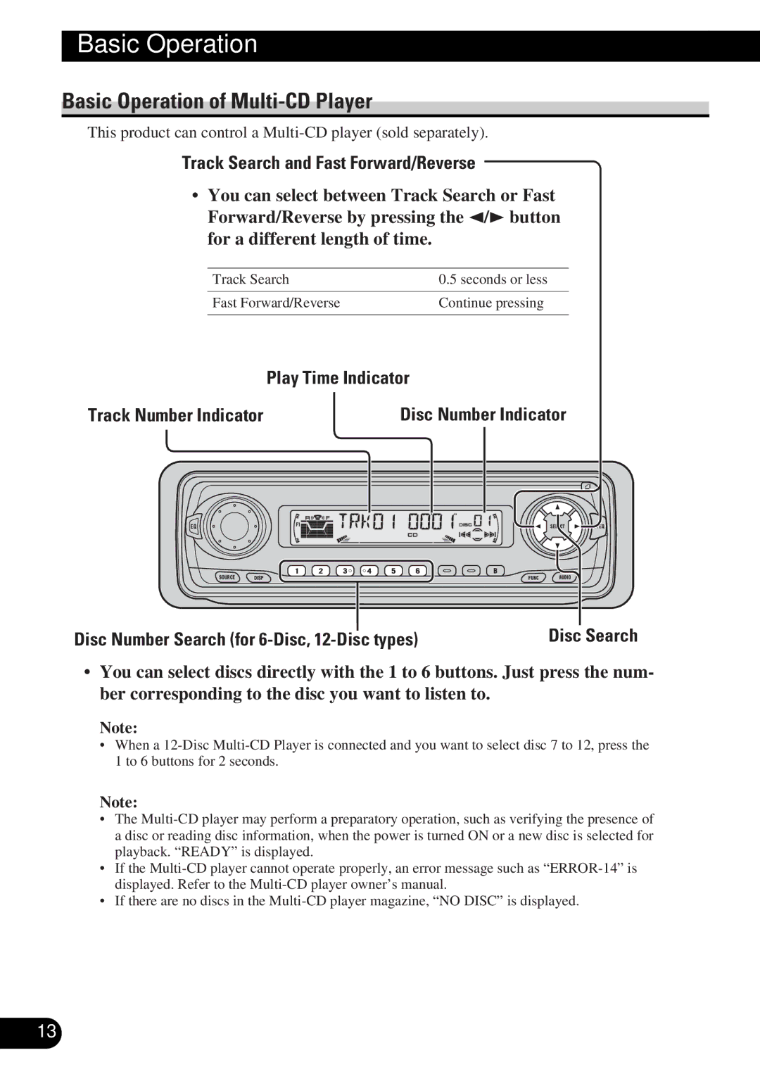 Pioneer DEH-P4300 operation manual Basic Operation of Multi-CD Player, Disc Number Search for 6-Disc, 12-Disc types 