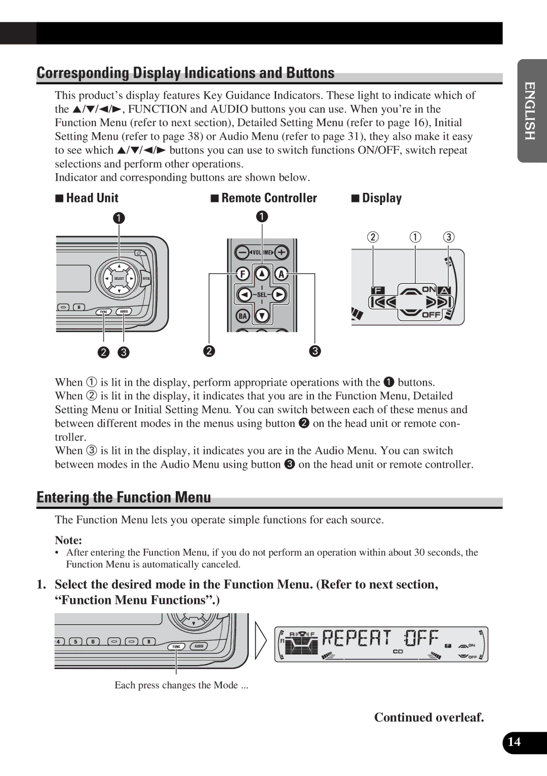 Pioneer DEH-P4300 operation manual Corresponding Display Indications and Buttons, Entering the Function Menu 