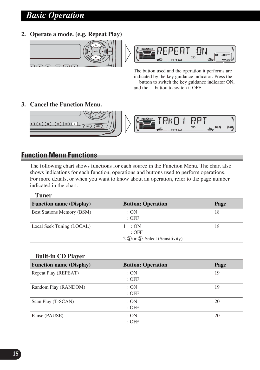 Pioneer DEH-P4300 Function Menu Functions, Operate a mode. e.g. Repeat Play, Cancel the Function Menu, 7Tuner 