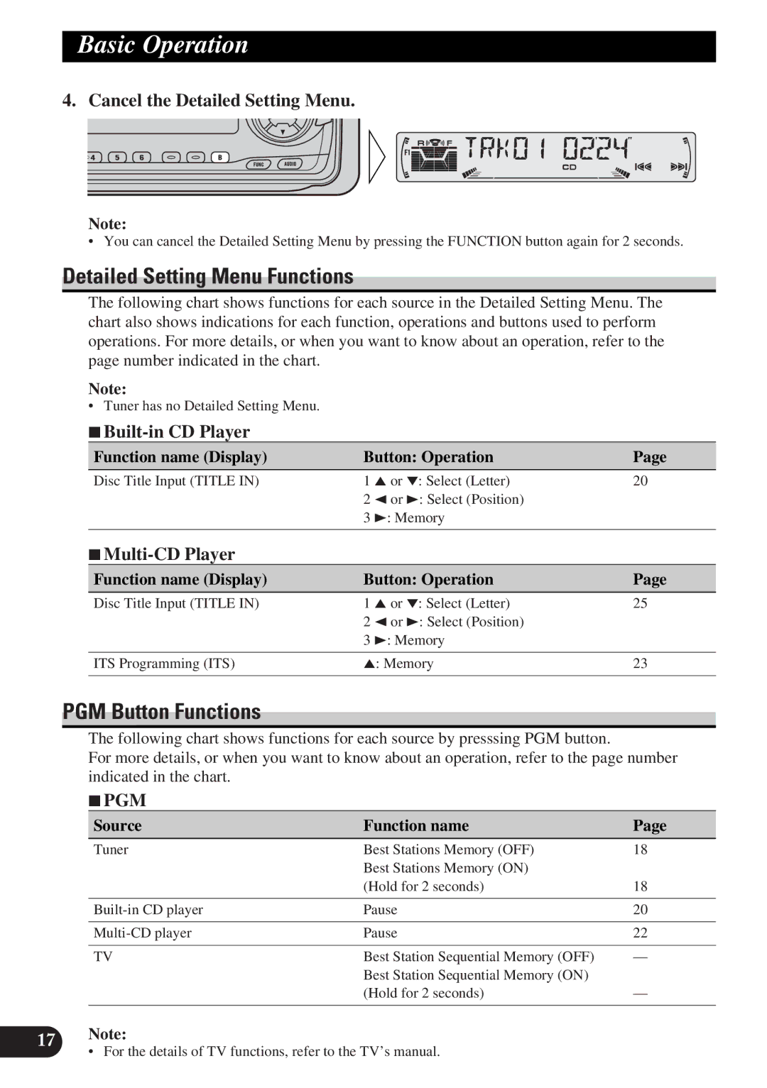 Pioneer DEH-P4300 Detailed Setting Menu Functions, PGM Button Functions, Cancel the Detailed Setting Menu 