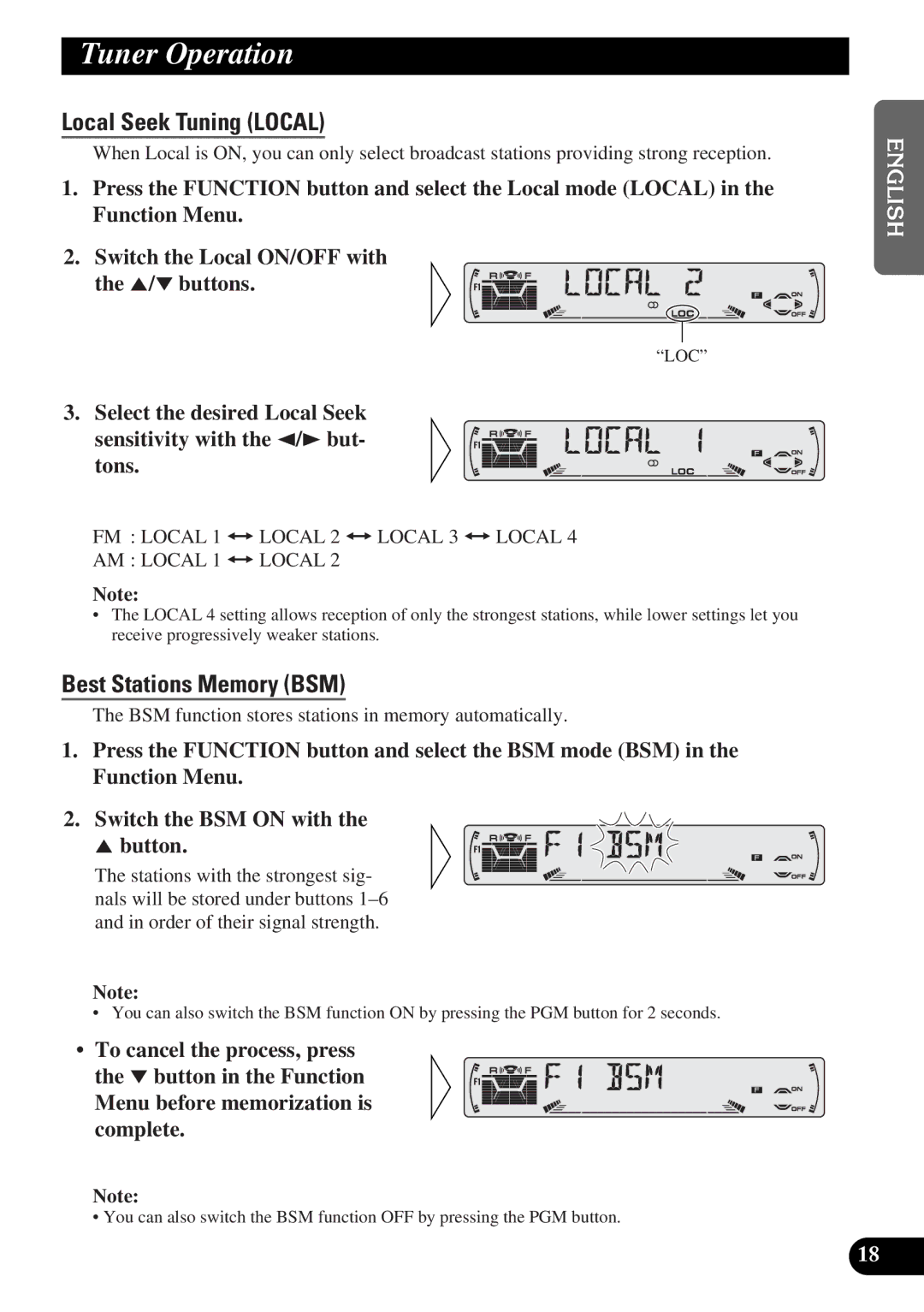 Pioneer DEH-P4300 operation manual Tuner Operation, Local Seek Tuning Local, Best Stations Memory BSM 