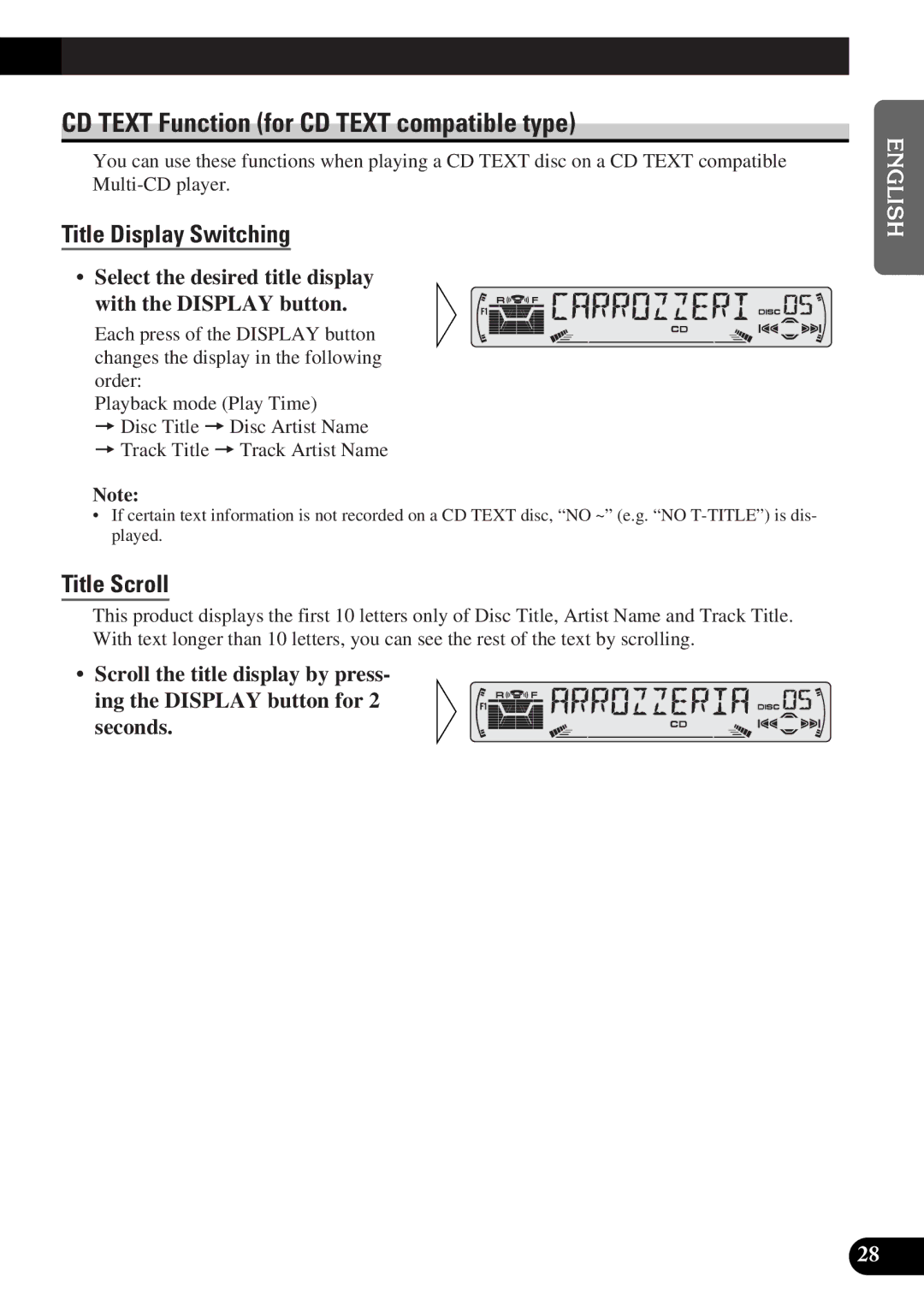Pioneer DEH-P4300 operation manual CD Text Function for CD Text compatible type, Title Display Switching, Title Scroll 