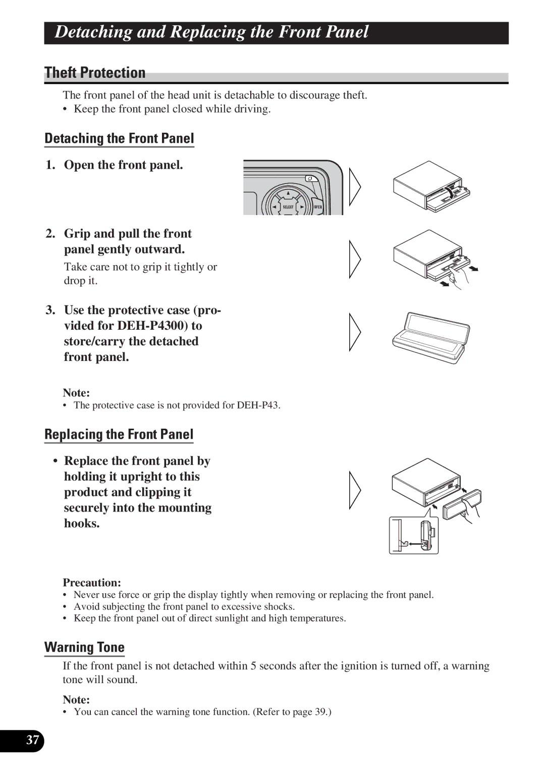 Pioneer DEH-P4300 operation manual Detaching and Replacing the Front Panel, Theft Protection, Detaching the Front Panel 