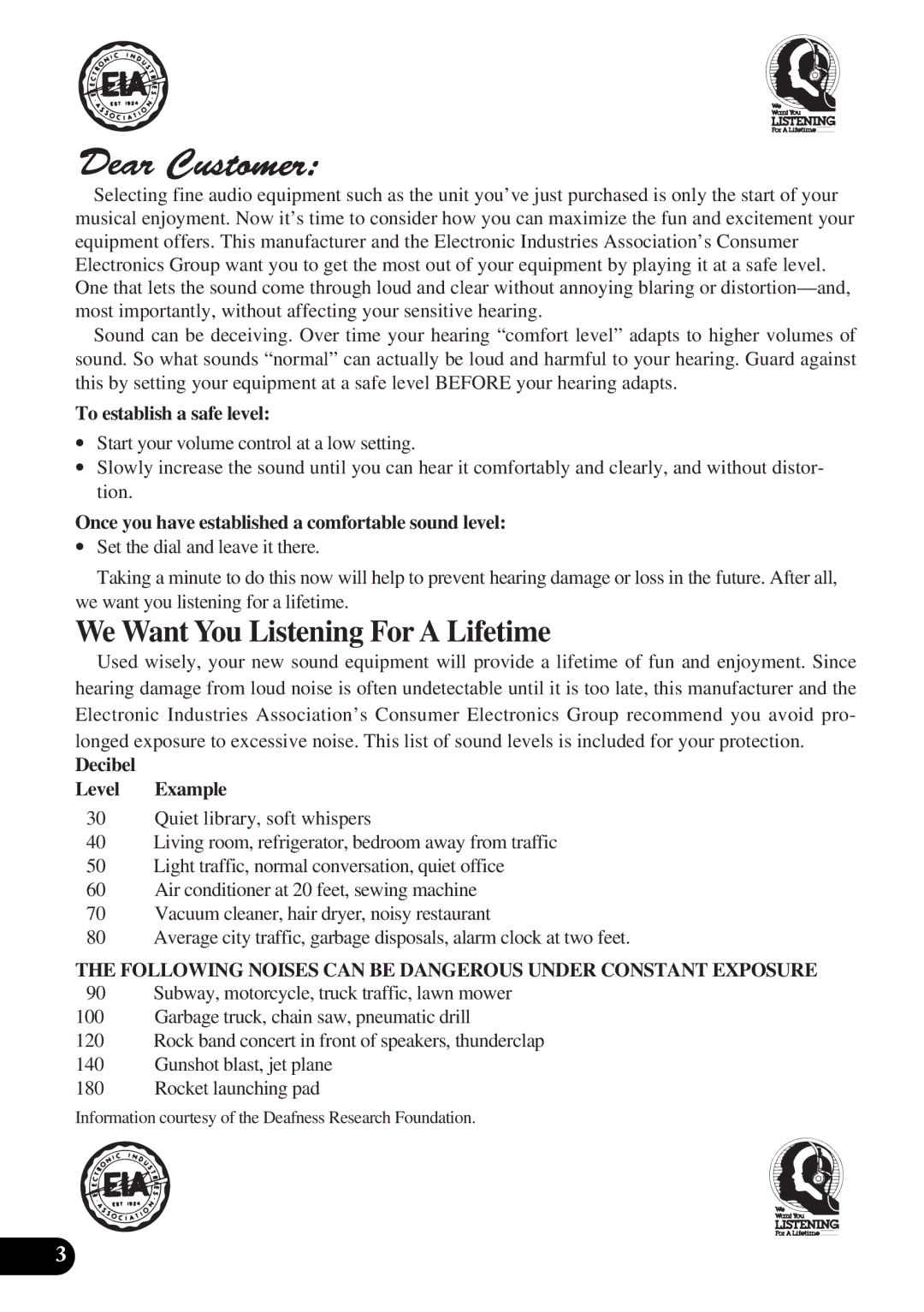 Pioneer DEH-P43 To establish a safe level, Once you have established a comfortable sound level, Decibel Level Example 