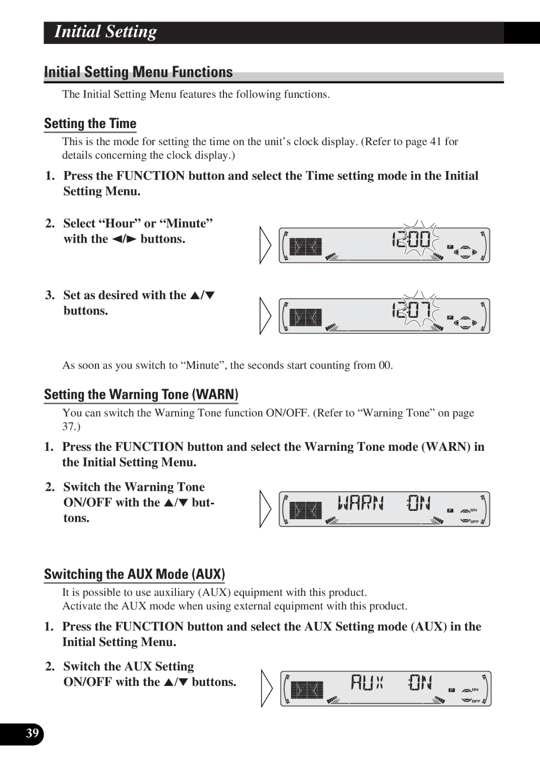 Pioneer DEH-P4300 operation manual Initial Setting Menu Functions, Setting the Time, Setting the Warning Tone Warn 