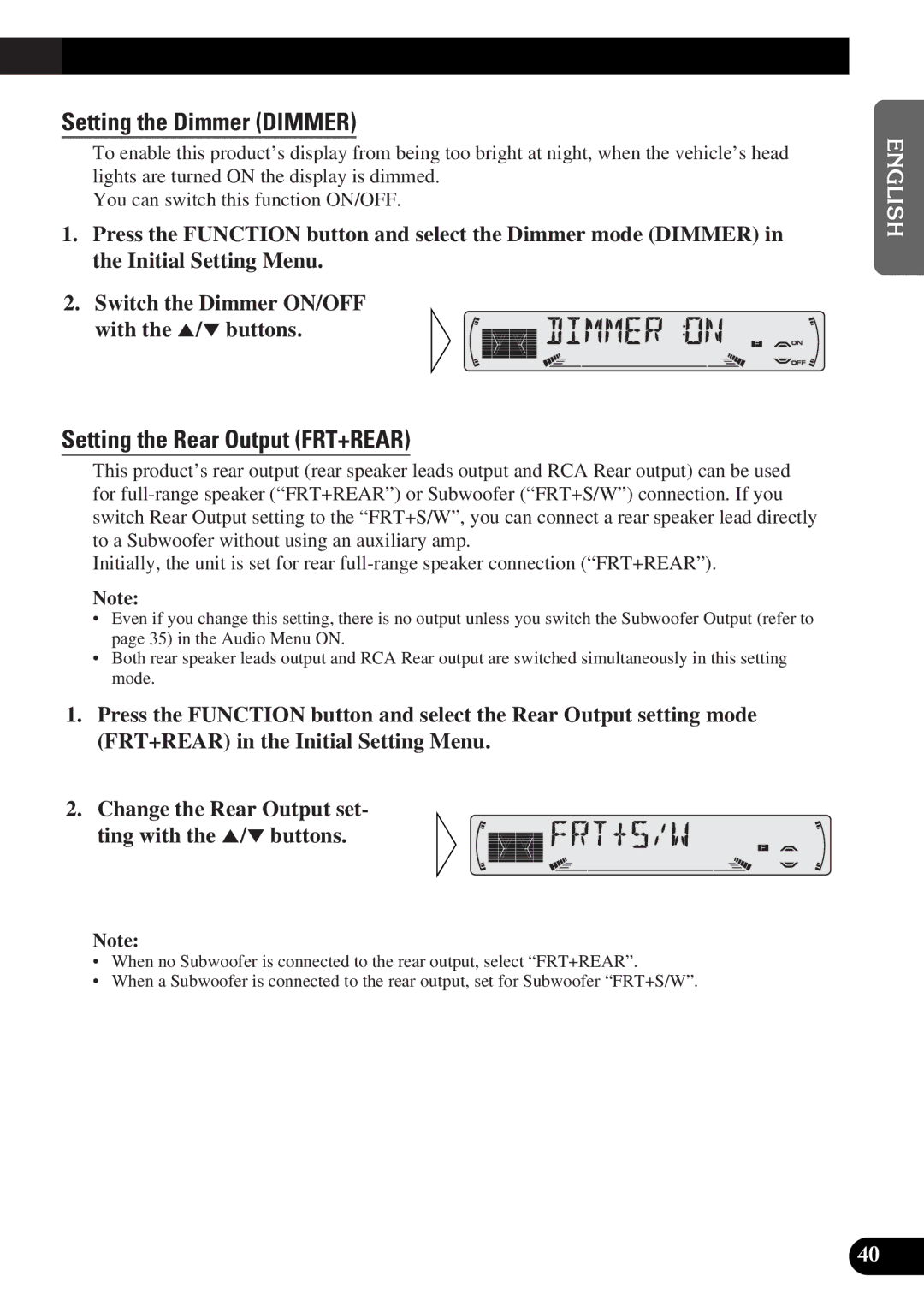 Pioneer DEH-P4300 operation manual Setting the Dimmer Dimmer, Setting the Rear Output FRT+REAR 