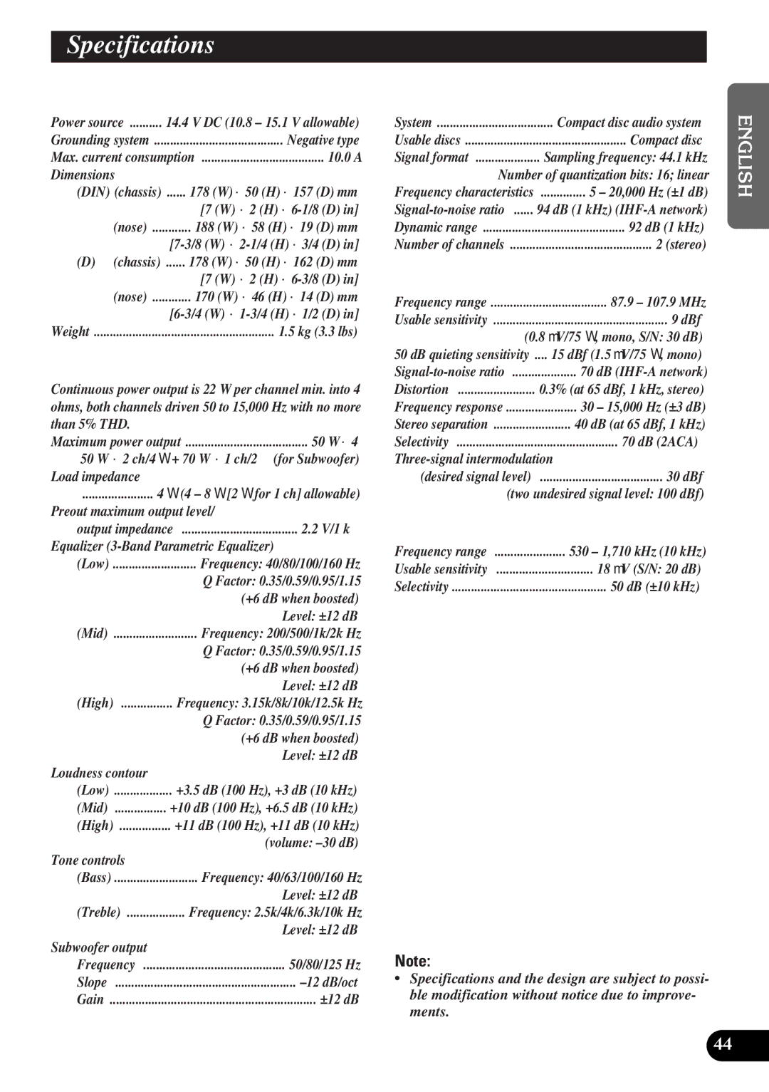 Pioneer DEH-P4300 operation manual Specifications 