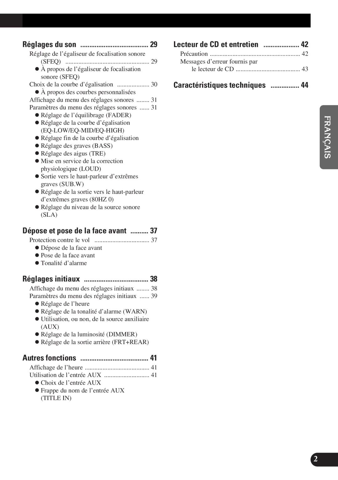 Pioneer DEH-P4300 operation manual Caractéristiques techniques, Réglages du son 