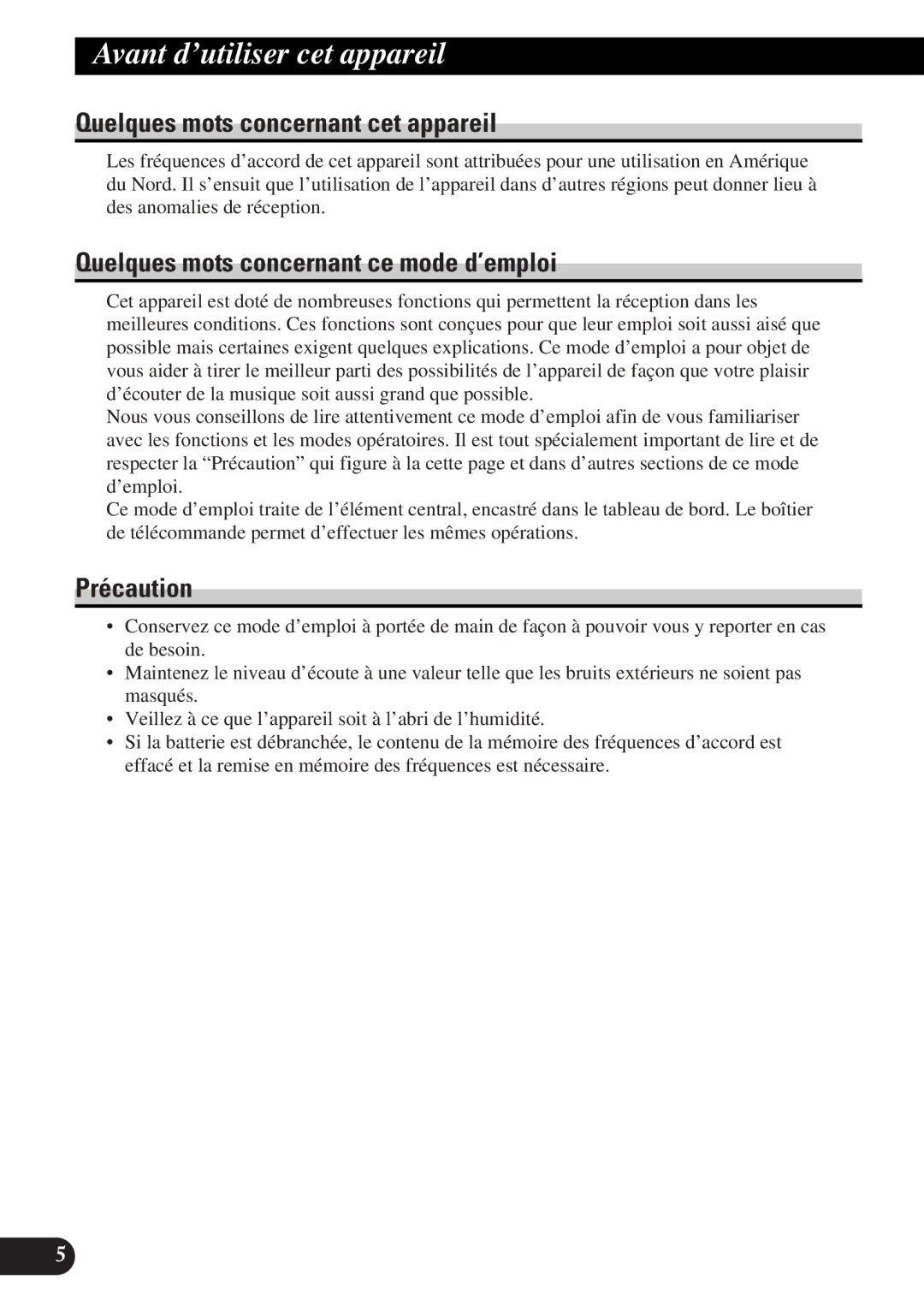 Pioneer DEH-P4300 operation manual Avant d’utiliser cet appareil, Quelques mots concernant cet appareil, Précaution 