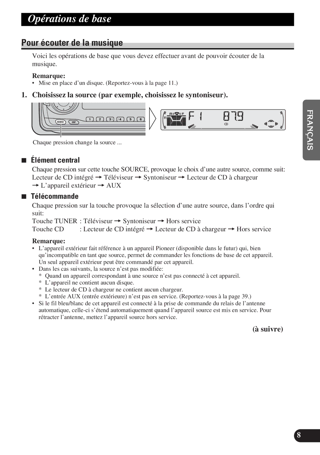 Pioneer DEH-P4300 operation manual Opérations de base, Pour écouter de la musique, Élément central, Télécommande 