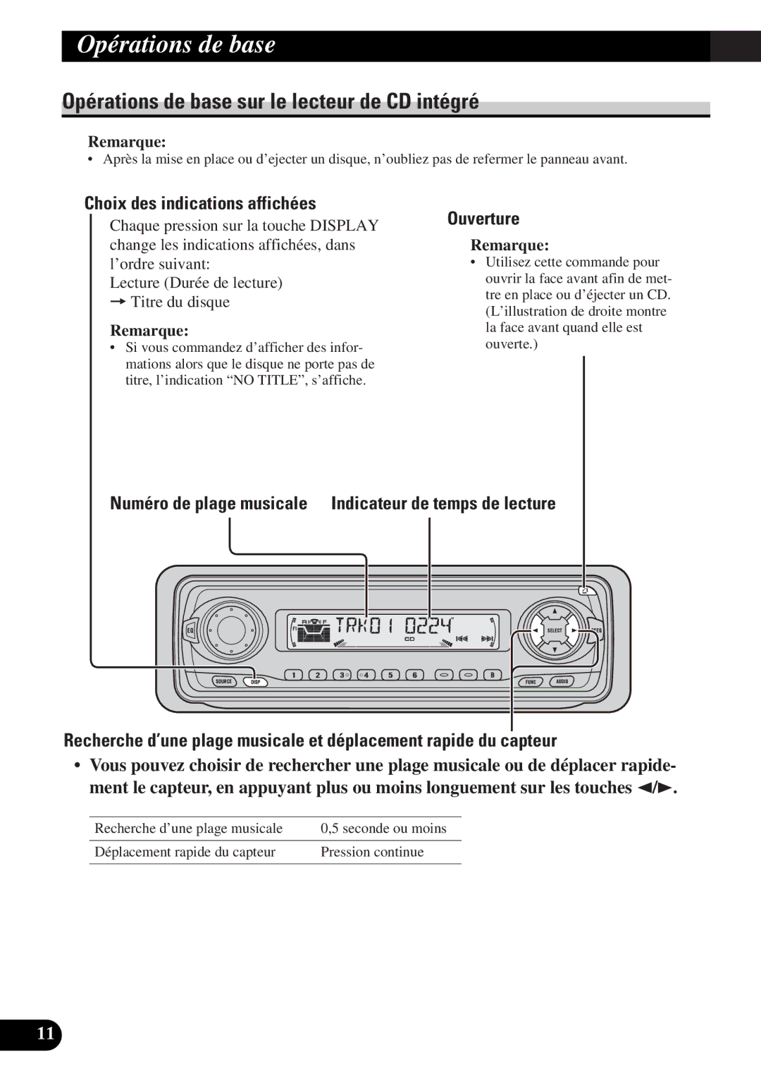 Pioneer DEH-P4300 Opérations de base sur le lecteur de CD intégré, Choix des indications affichées, Ouverture 