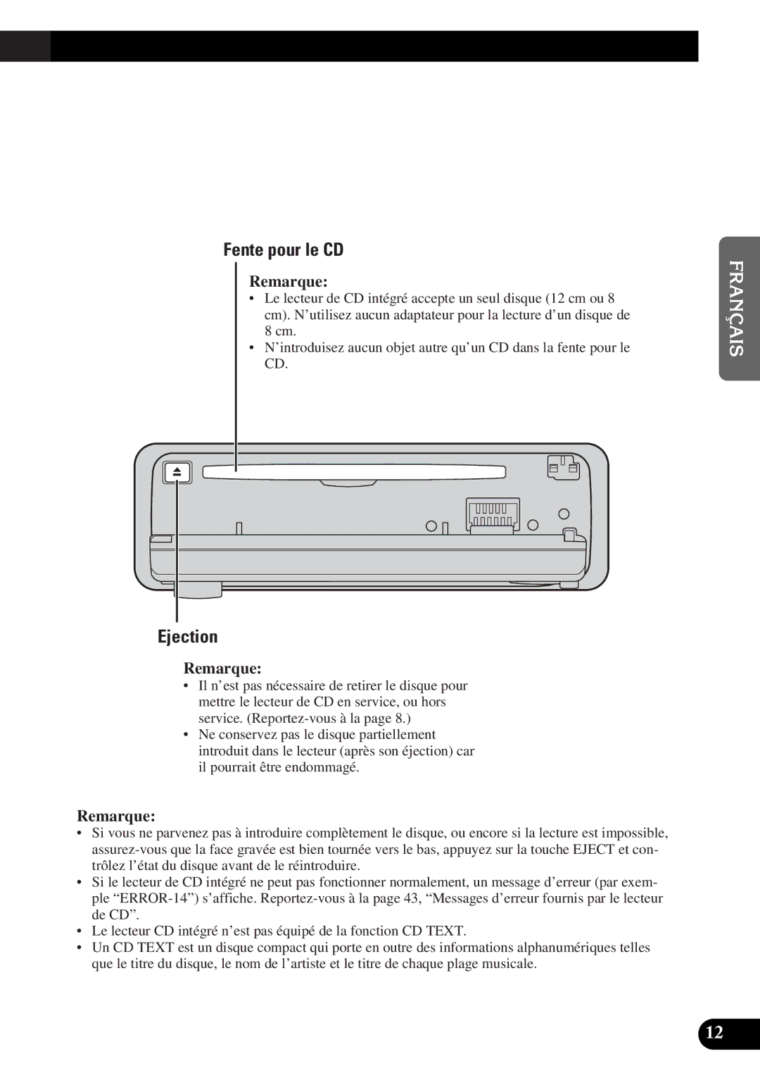 Pioneer DEH-P4300 operation manual Fente pour le CD, Ejection 