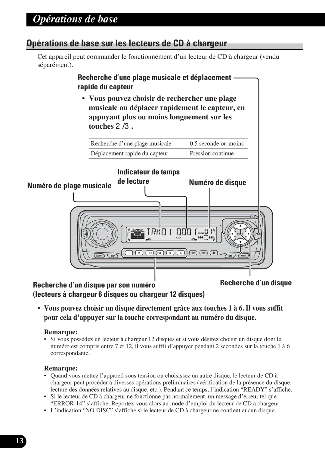 Pioneer DEH-P43 Opérations de base sur les lecteurs de CD à chargeur, De lecture, Recherche d’un disque par son numéro 