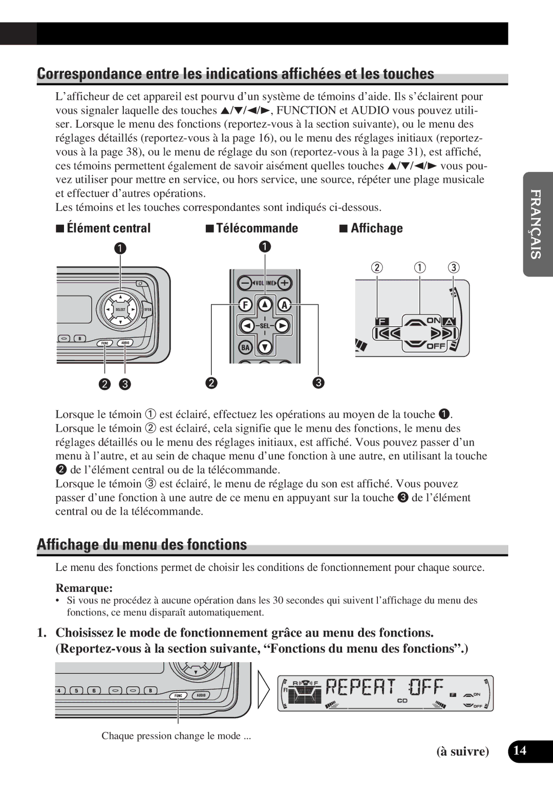 Pioneer DEH-P4300 operation manual Affichage du menu des fonctions, 7Élément central 7Télécommande 