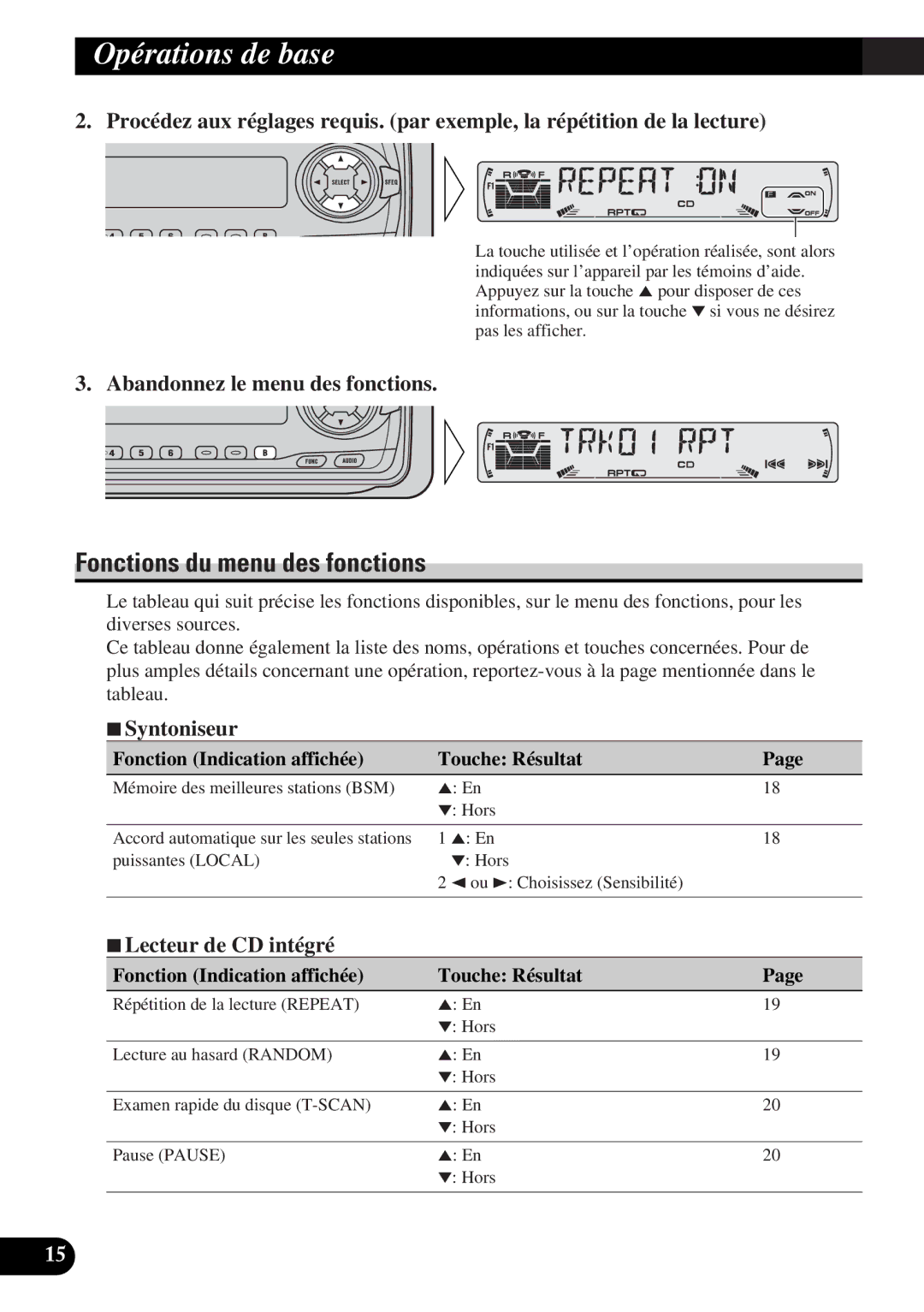 Pioneer DEH-P43 Fonctions du menu des fonctions, Abandonnez le menu des fonctions, 7Syntoniseur, 7Lecteur de CD intégré 