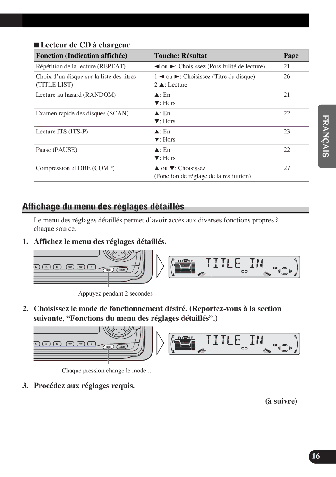 Pioneer DEH-P4300 Affichage du menu des réglages détaillés, 7Lecteur de CD à chargeur, Procédez aux réglages requis Suivre 