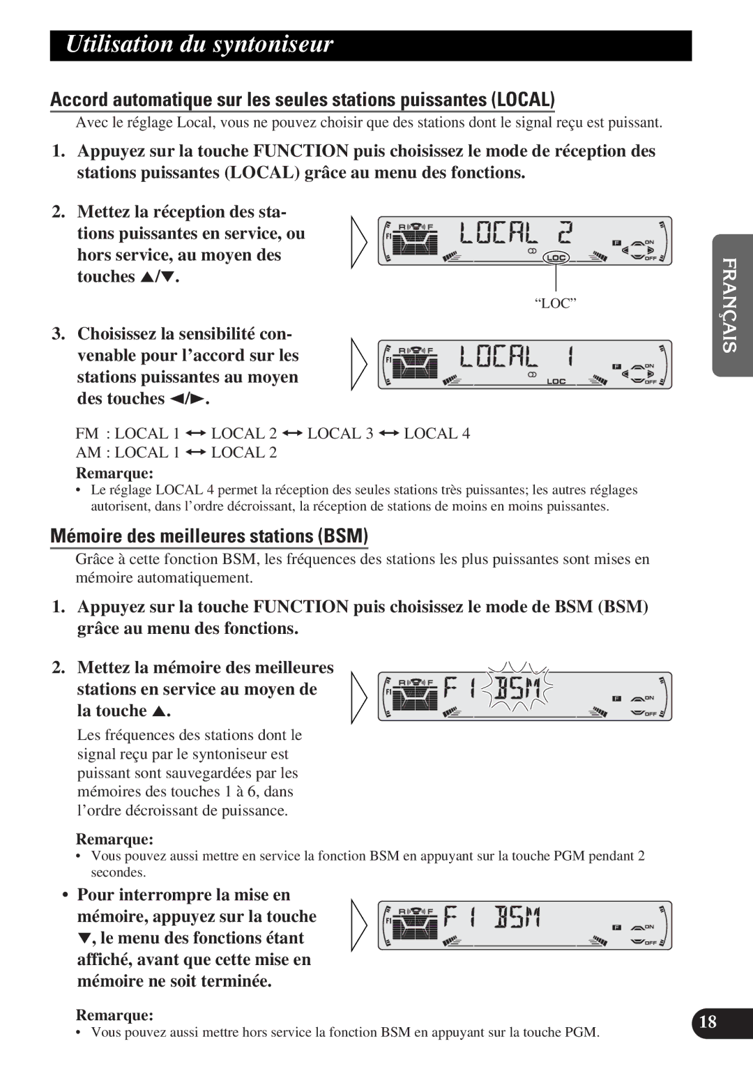 Pioneer DEH-P4300 operation manual Utilisation du syntoniseur, Accord automatique sur les seules stations puissantes Local 