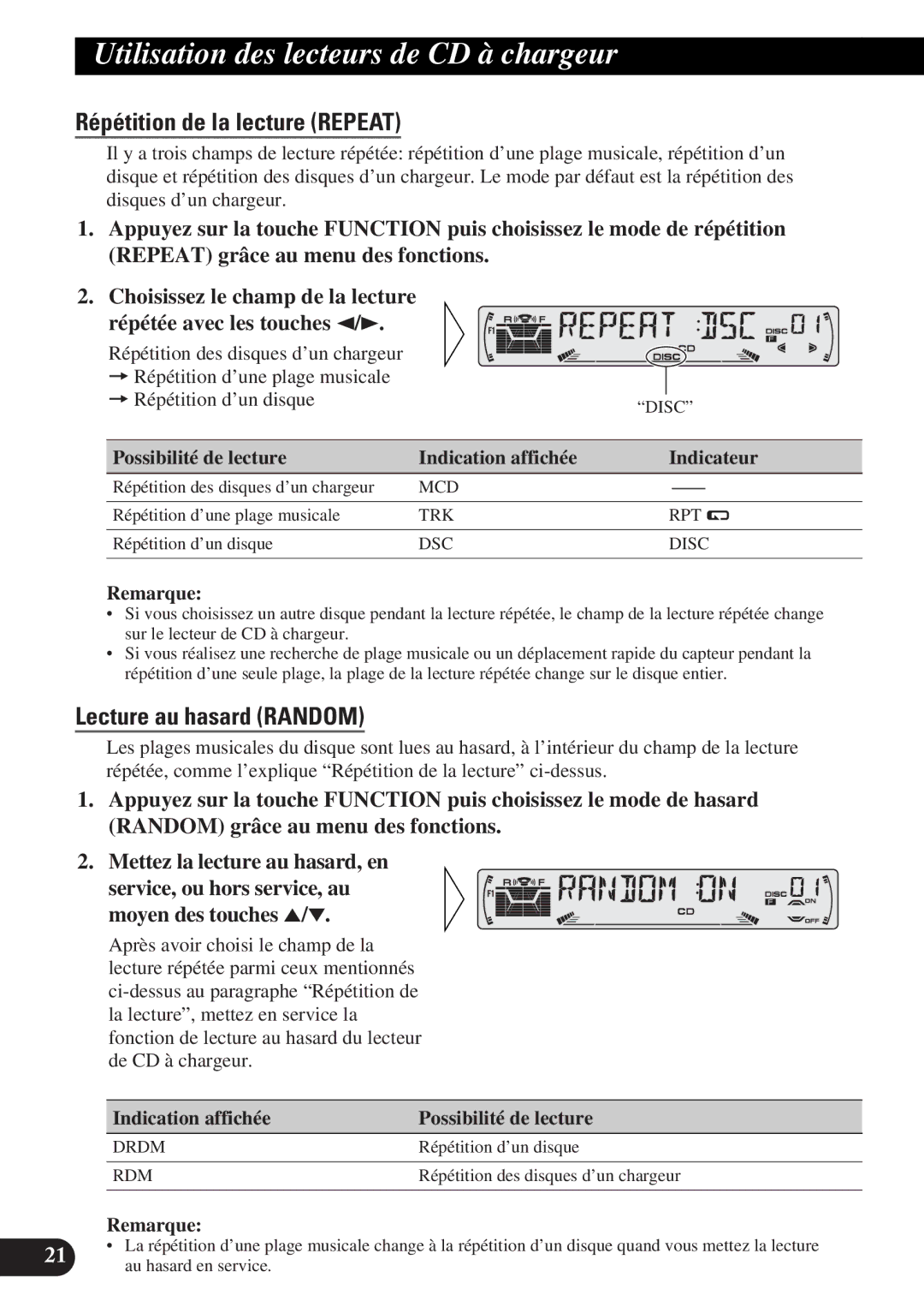 Pioneer DEH-P43 Utilisation des lecteurs de CD à chargeur, Possibilité de lecture Indication affichée Indicateur 