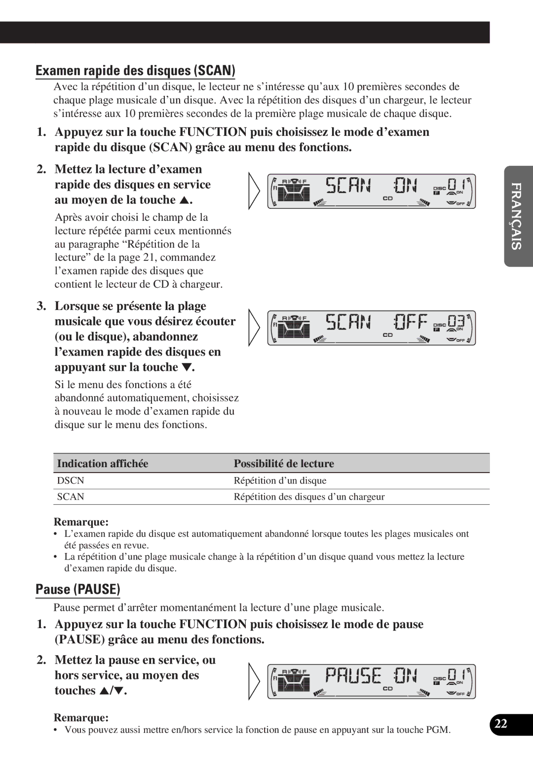 Pioneer DEH-P4300 operation manual Examen rapide des disques Scan 