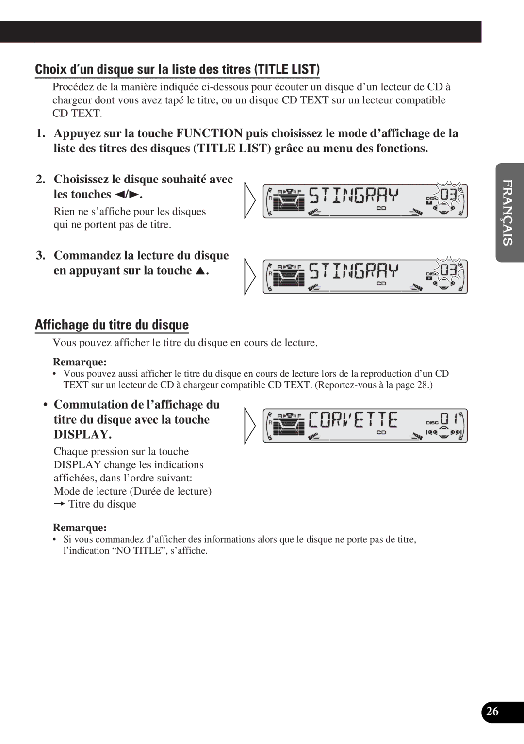 Pioneer DEH-P4300 operation manual Choix d’un disque sur la liste des titres Title List, Affichage du titre du disque 