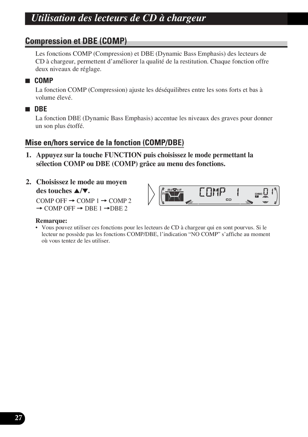 Pioneer DEH-P4300 operation manual Compression et DBE Comp, Mise en/hors service de la fonction COMP/DBE 