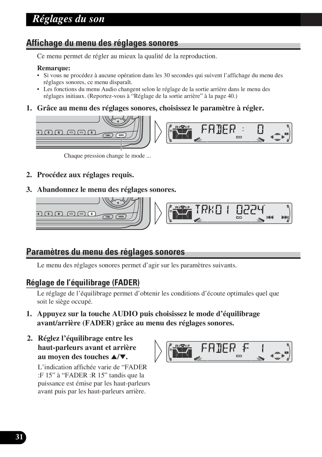 Pioneer DEH-P4300 operation manual Affichage du menu des réglages sonores, Paramètres du menu des réglages sonores 